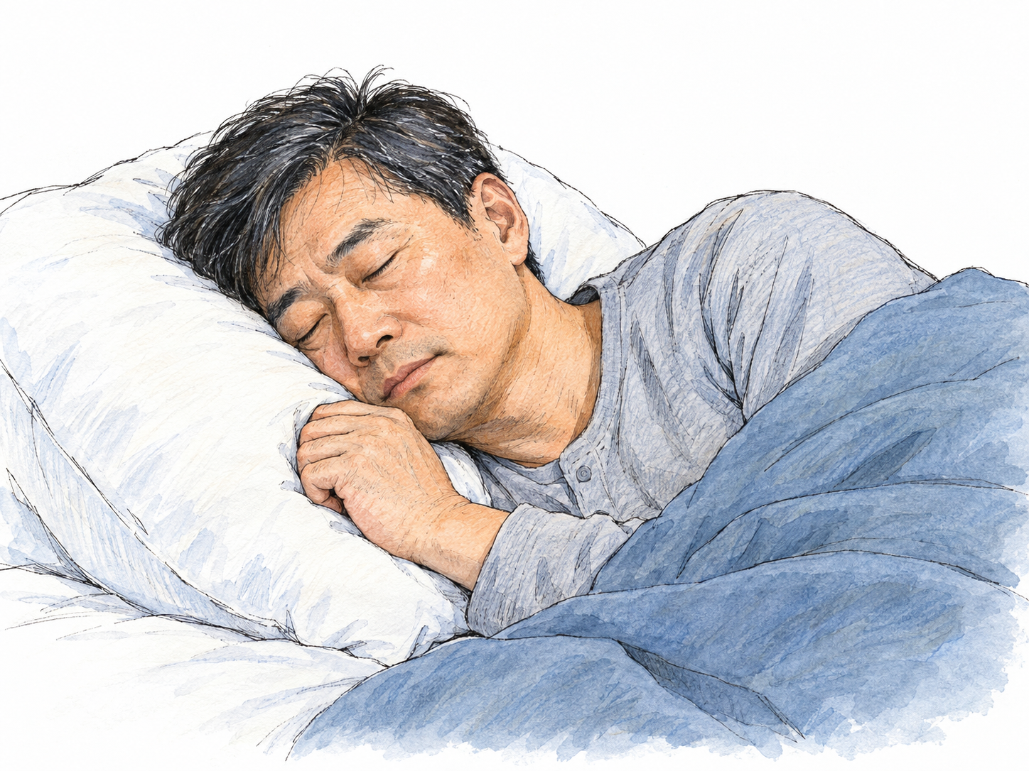 A sleeping man lies on his side in bed, eyes closed and cheek resting on a pillow, clearly illustrating the literal person-who-sleeps sense.