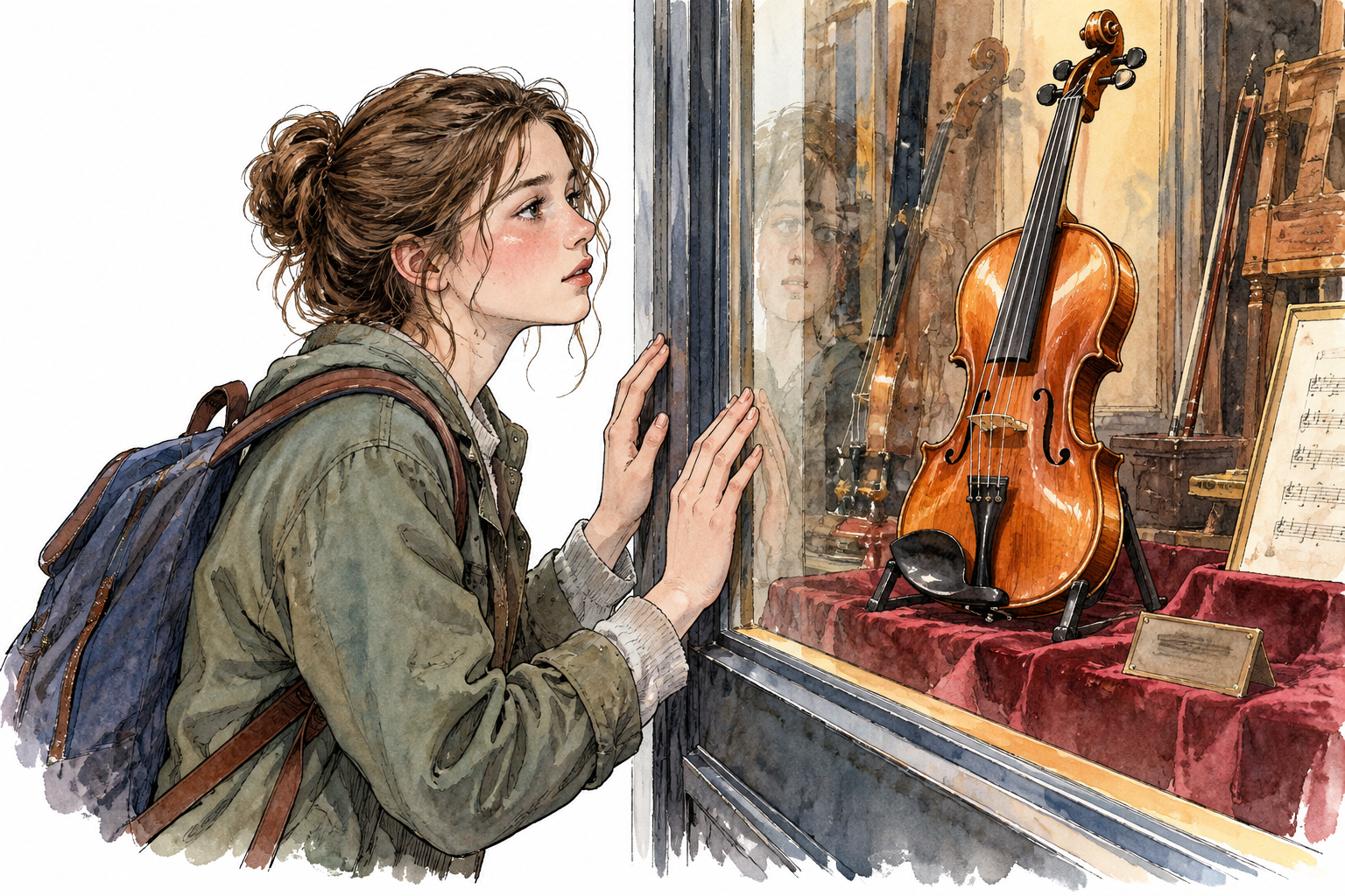 White teen violin student gazes with longing at beautiful violin behind shop window, hands gently against glass.