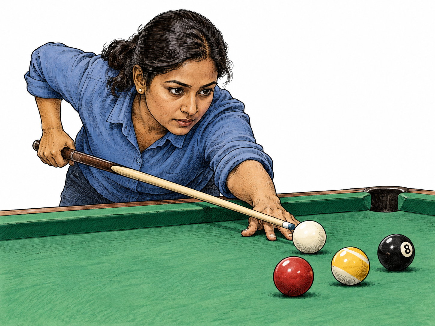 An adult carefully aims a cue toward billiard balls on a green cloth table; natural hand bridge, straight cue, visible ball contact geometry.