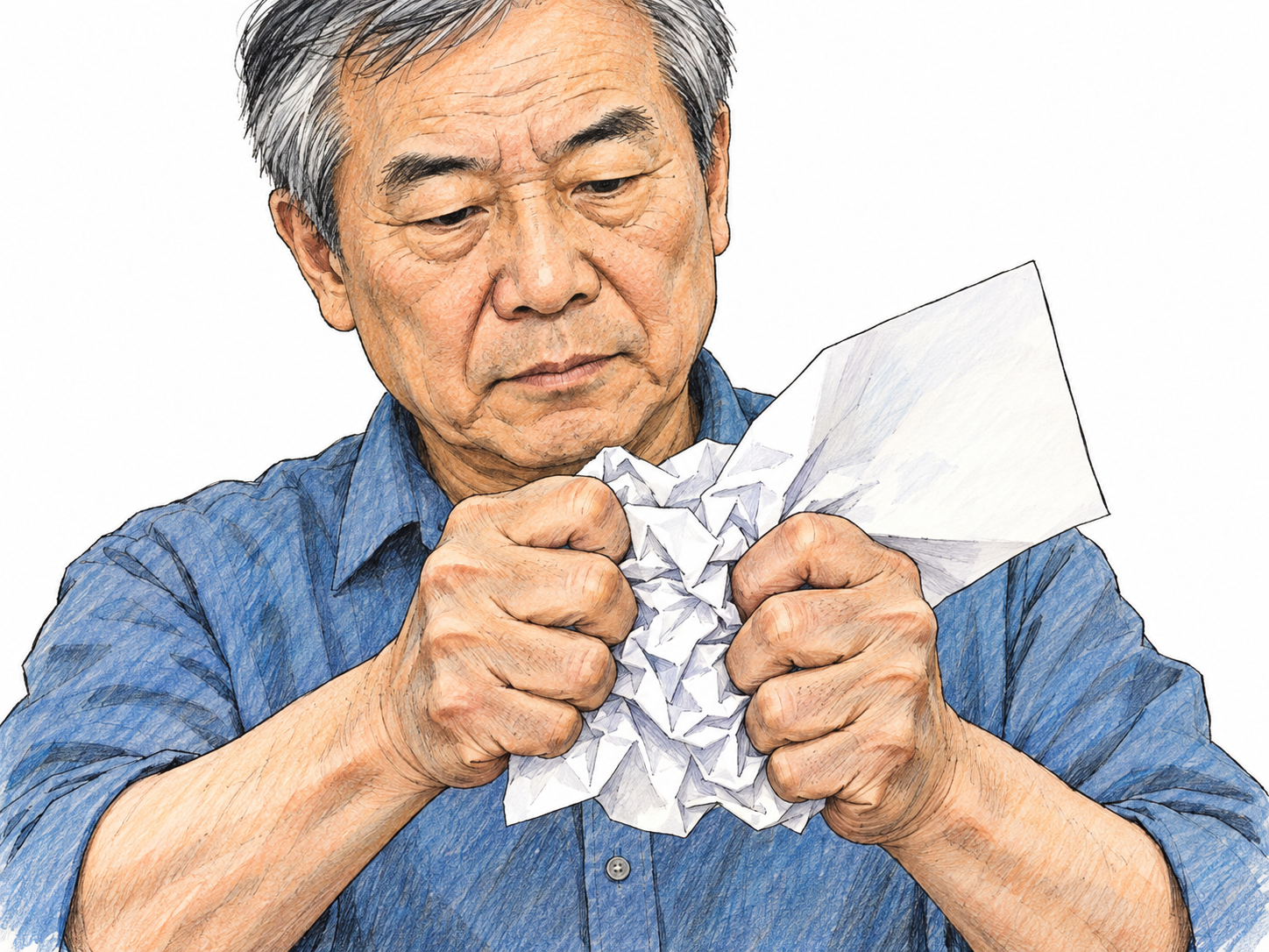 An older man squeezes a blank sheet of paper between both hands, visibly crushing it into an irregular mass of sharp wrinkles and folds.