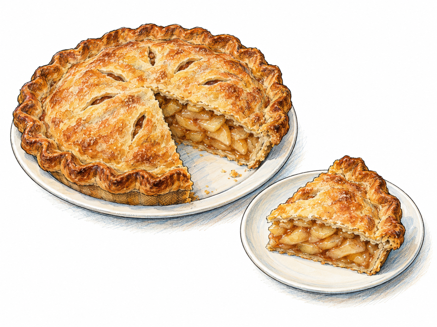 A round apple pie with one wedge removed and placed on a small plate beside it; the wedge clearly matches the missing section, showing a portion of a whole.