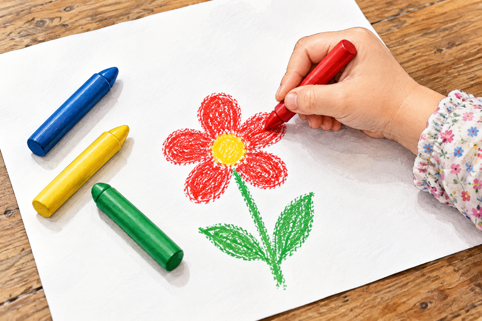 A child's small hand draws a simple bright red flower using a red wax crayon on white paper, other unwrapped blue yellow green wax crayons lie nearby, clearly solid colored wax sticks with rounded tips.