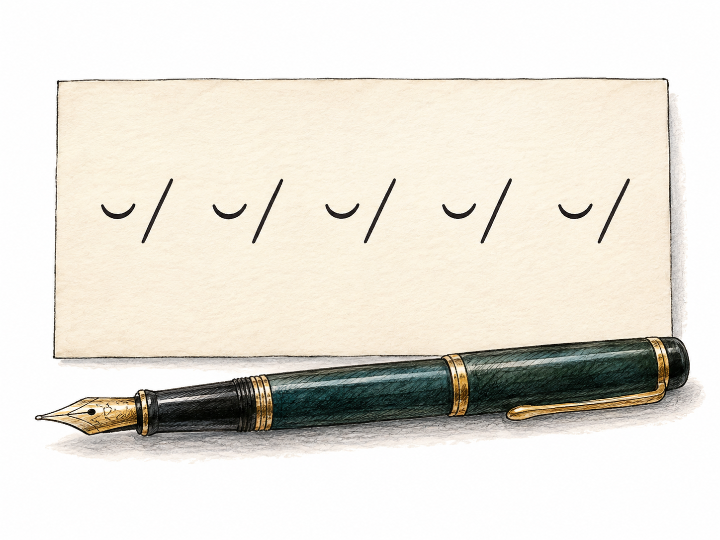 Close view of poetry scansion on one ivory card: exactly five separated groups of two beat marks, each group a small curved breve then one slash, arranged in one single horizontal line.