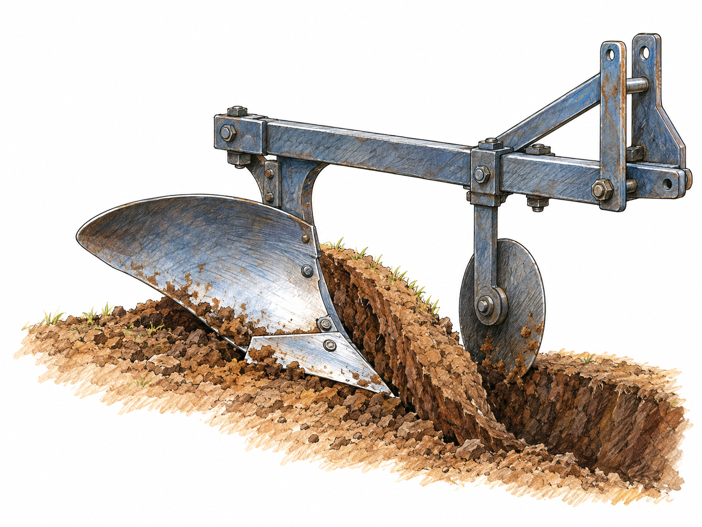 A recognizable moldboard plow shown in three-quarter view, its curved blade turning a strip of earth beside a freshly opened furrow.