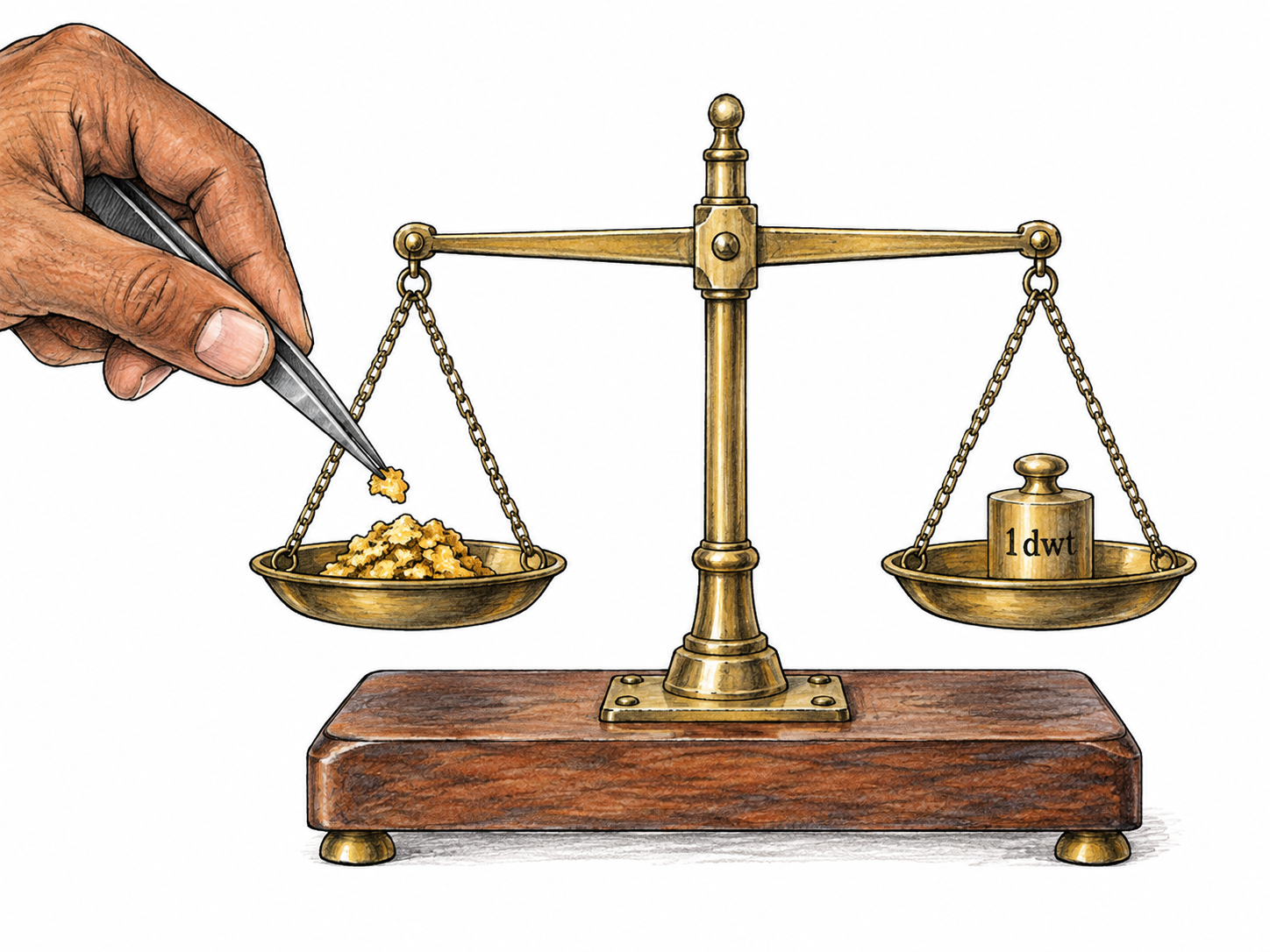 Small jeweler balance with tiny gold fragments in left pan and small brass calibrated weight in right pan, beam level.
