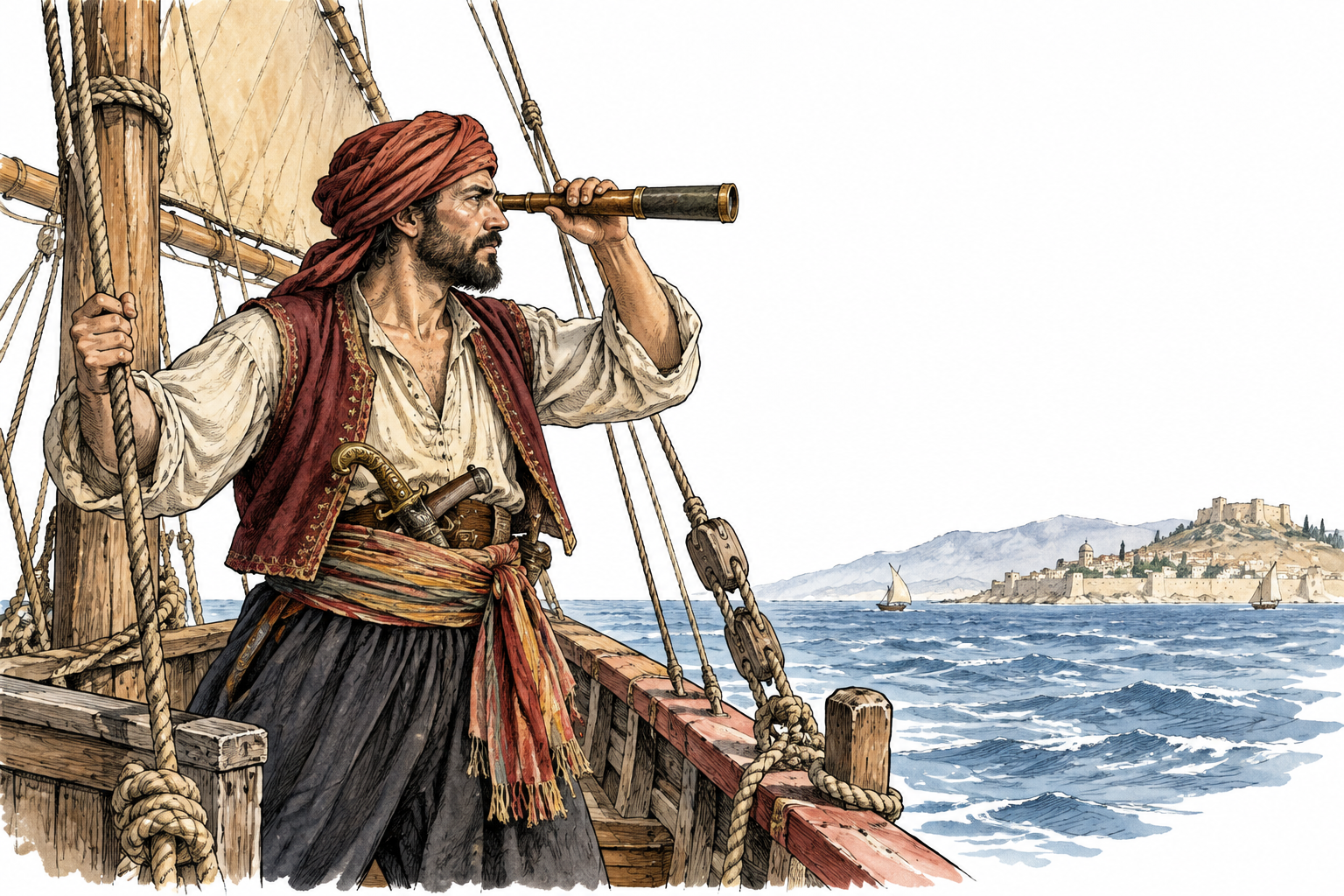 A historically plausible Mediterranean corsair aboard a small early-modern sailing vessel, accurate regional period clothing and rigging, watchful at sea, no skull slogans or text.