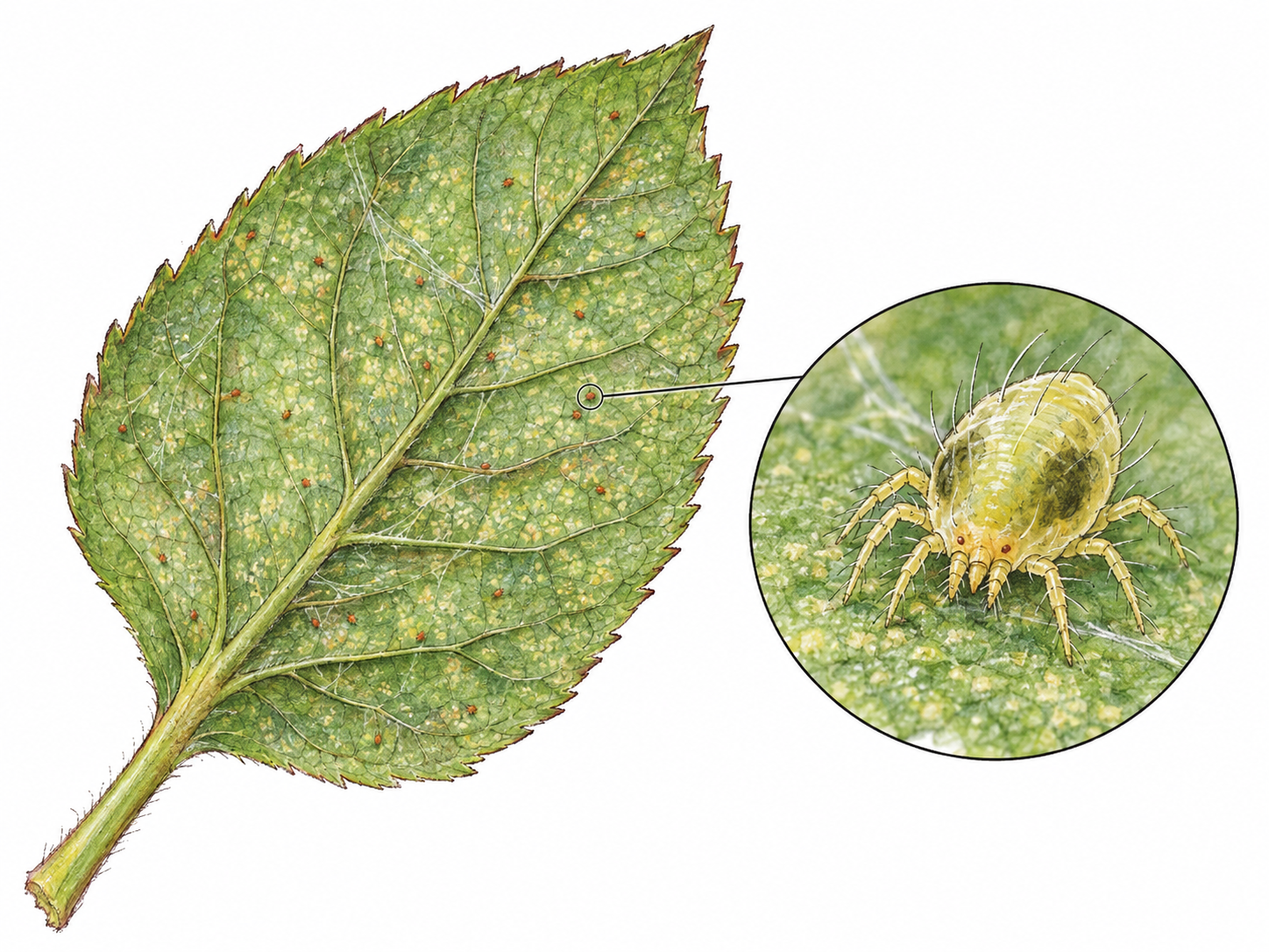 A close view of a mite-infested leaf, with a circular magnified detail revealing a tiny eight-legged spider mite.