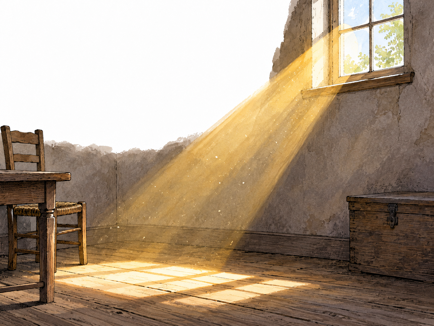 A single golden sunbeam crosses a dim room from a high window.