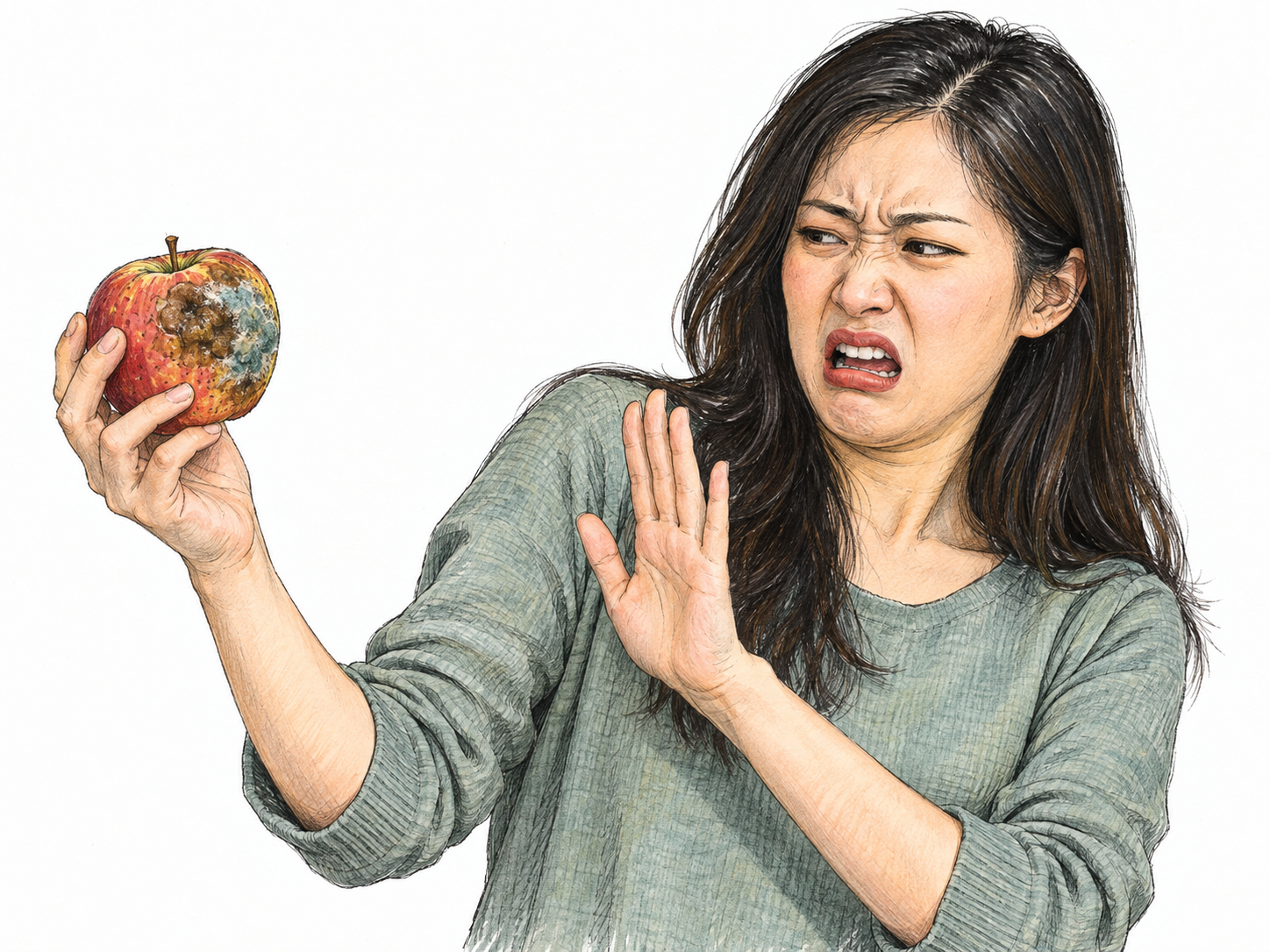 A woman recoils from a visibly rotten apple, wrinkling her nose and opening her mouth in disgust while raising her free palm to reject it.