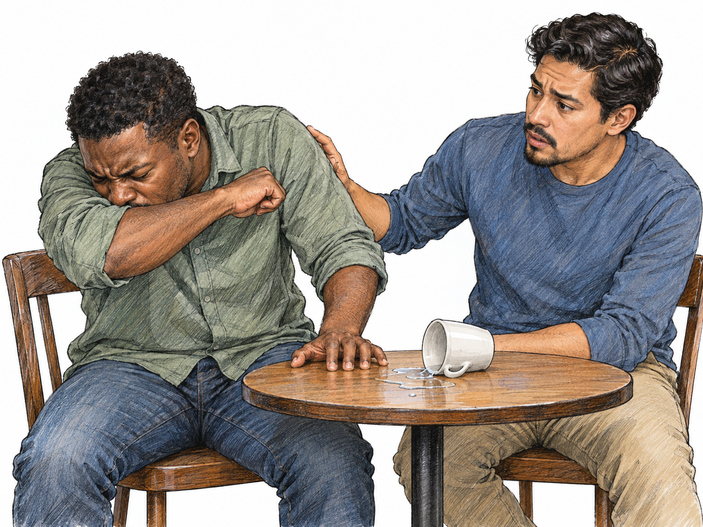 A young man abruptly doubles over in a violent coughing fit, interrupting a quiet drink; his companion reaches toward his back in alarm.