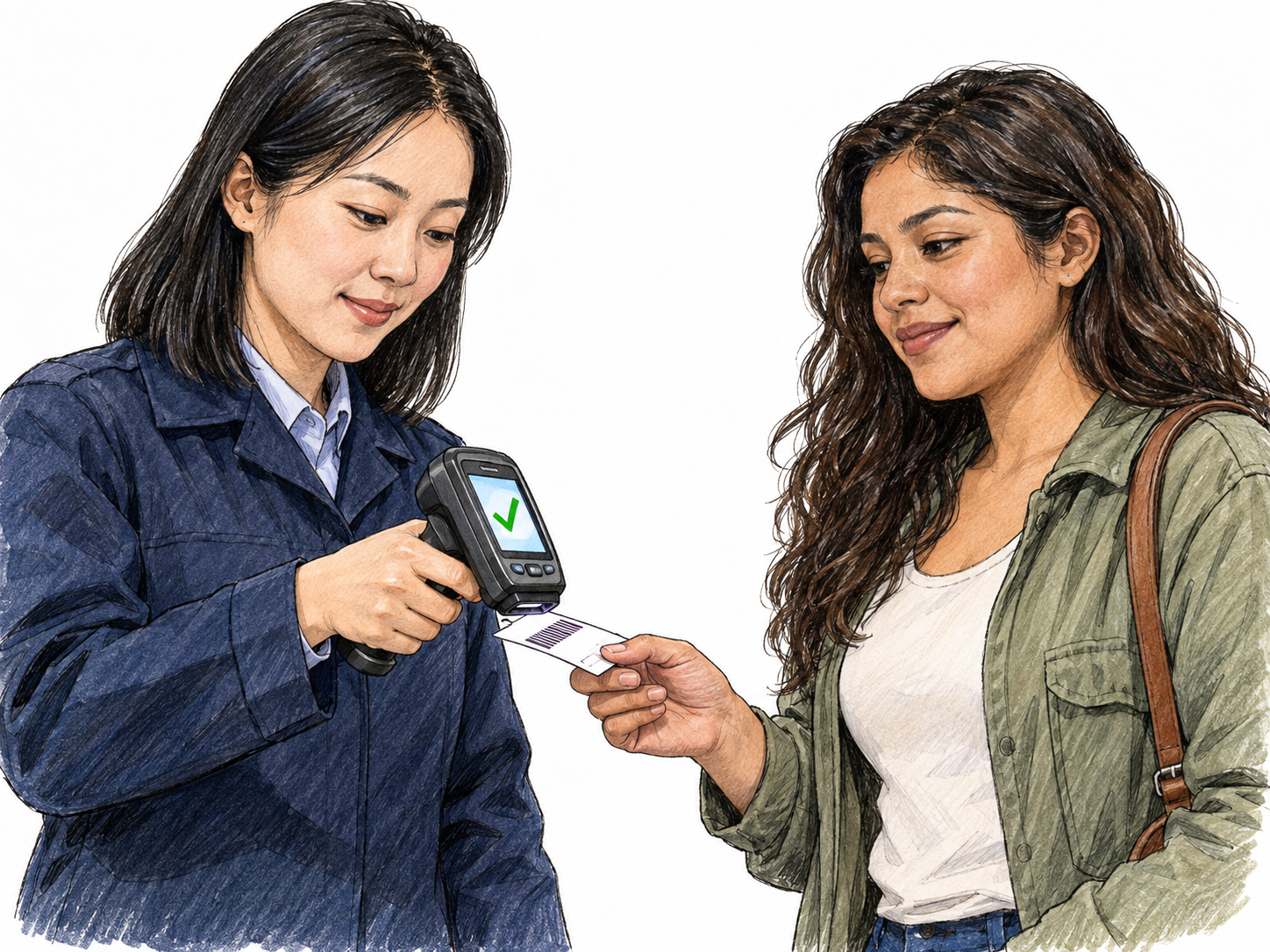 A ticket inspector validates a passenger’s ticket with a handheld scanner; a prominent green check on the scanner visibly confirms acceptance.