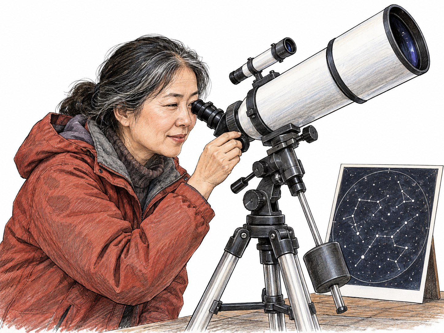 An astronomer looks through a telescope beside a small accurate-looking star chart made of dots and connecting lines, no astrology symbols or readable labels.