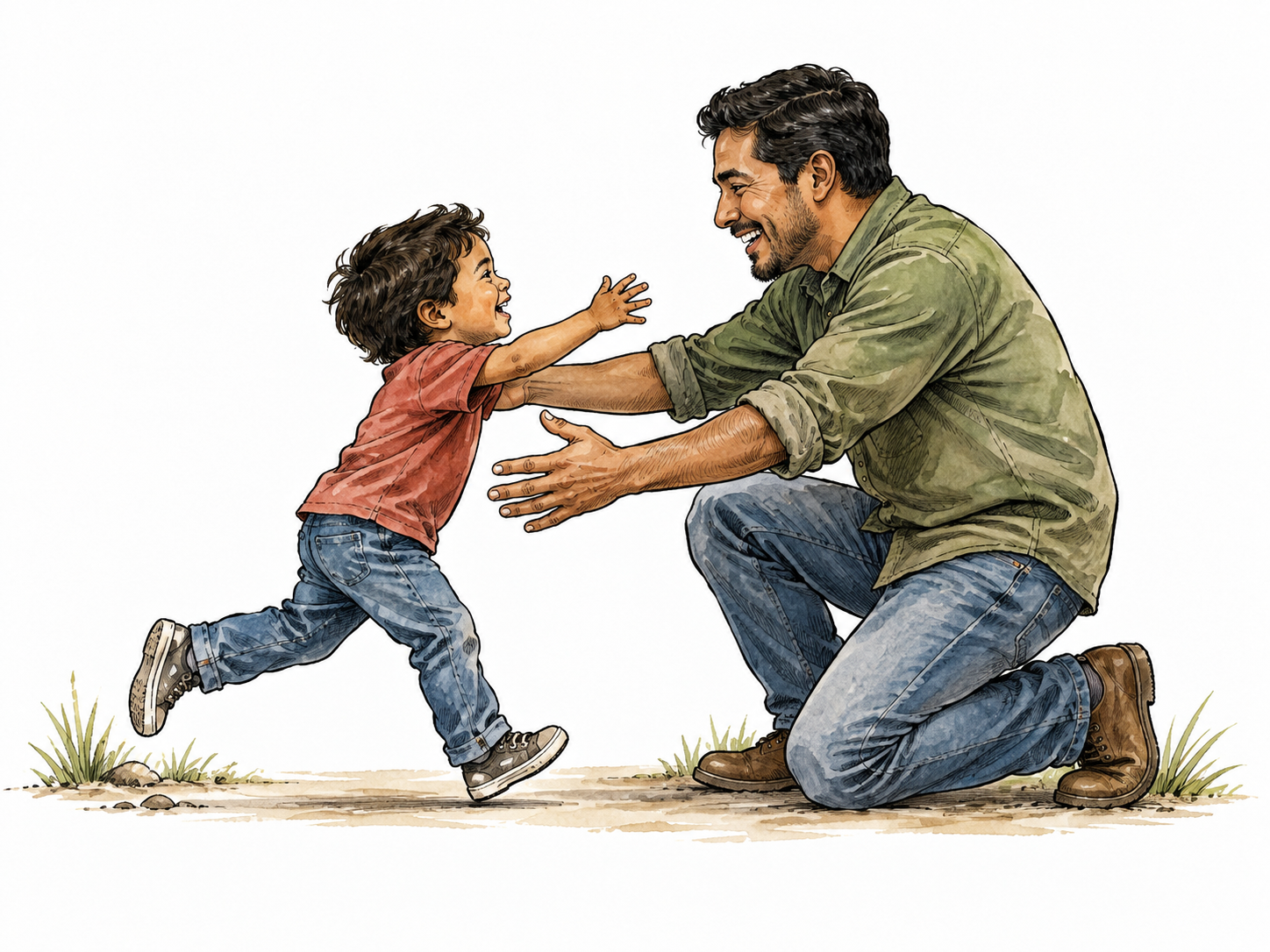 A Latino father kneels warmly to embrace his young child running toward him.