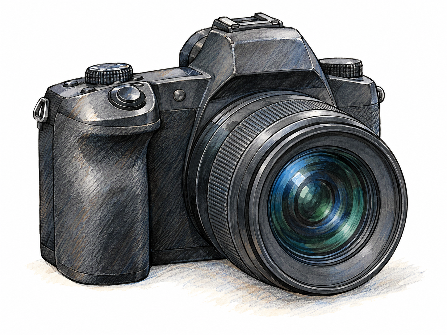 An isolated modern camera shown in three-quarter front view, with a prominent glass lens, shutter button, viewfinder, and handgrip.