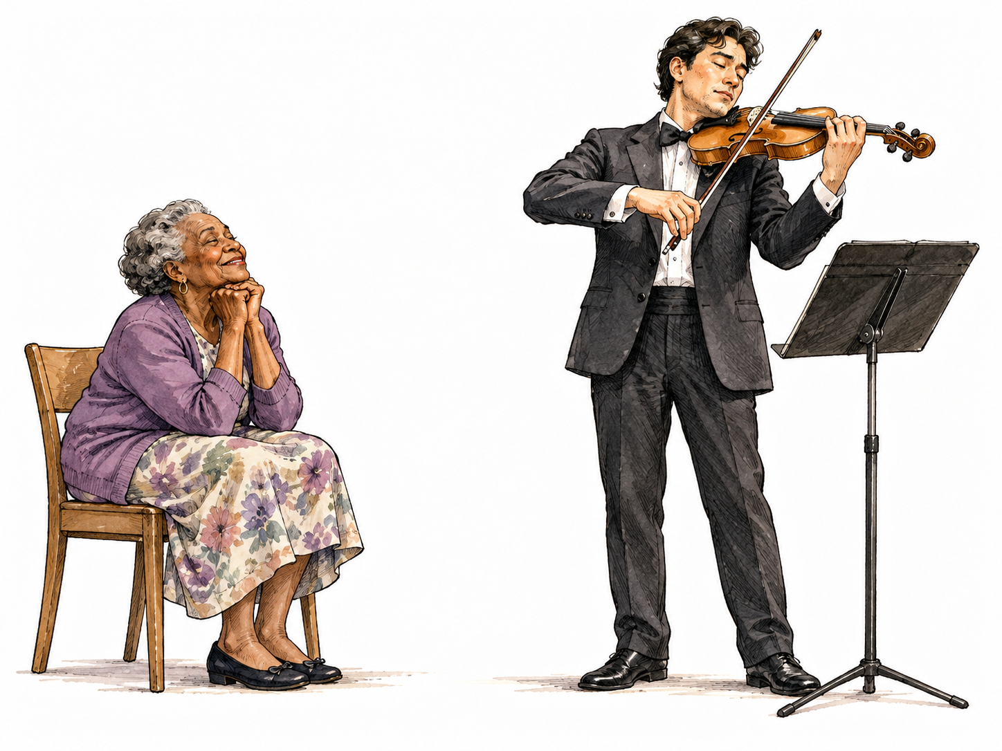 An elderly Black woman enjoys a beautiful violin performance with absorbed delight.
