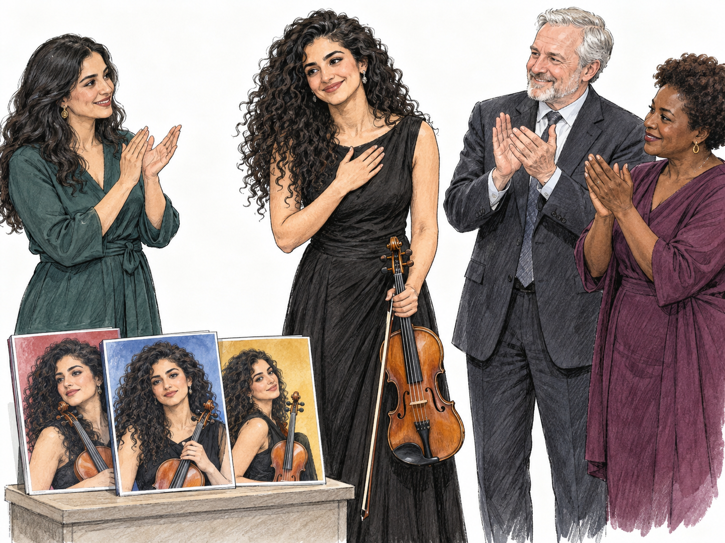 A celebrated violinist receives admiring applause while several prominently displayed magazines feature her recognizable portrait, combining public recognition across multiple publications with visible respect.