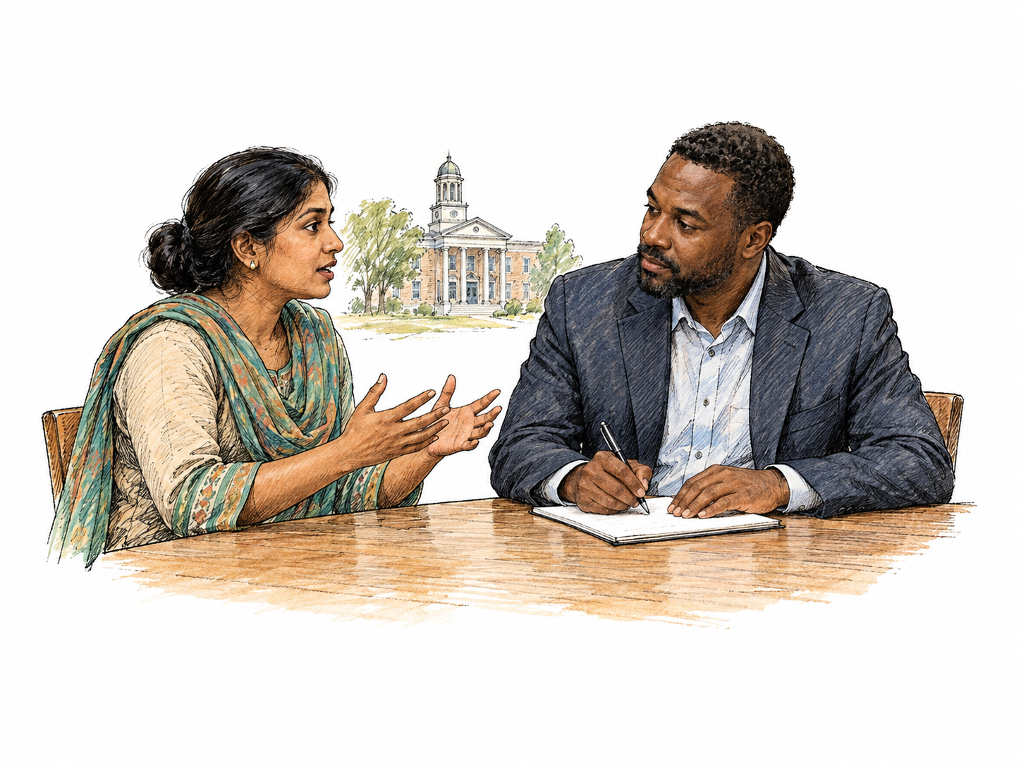 A local resident speaks directly with elected representative at small community meeting table, representative listens attentively and takes notes on blank paper; one small civic-building silhouette in background, no flags or writing.