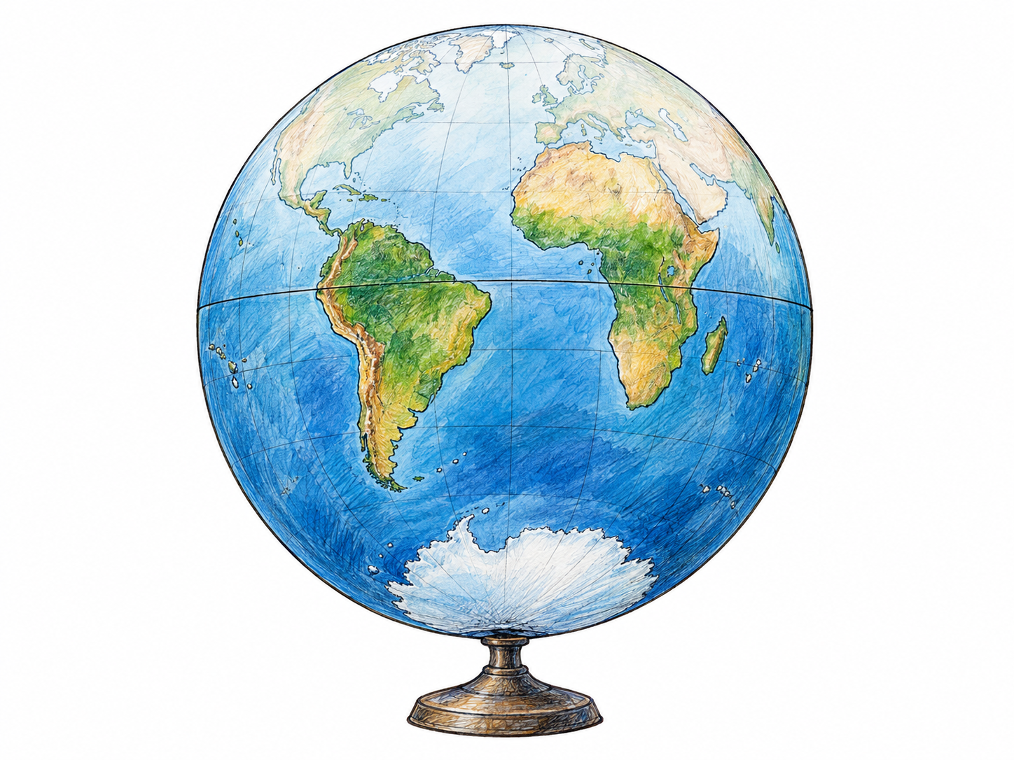 A simple globe with the Southern Hemisphere emphasized in restrained natural color and the Northern Hemisphere left lightly drawn, making the southern regions the clear focus.