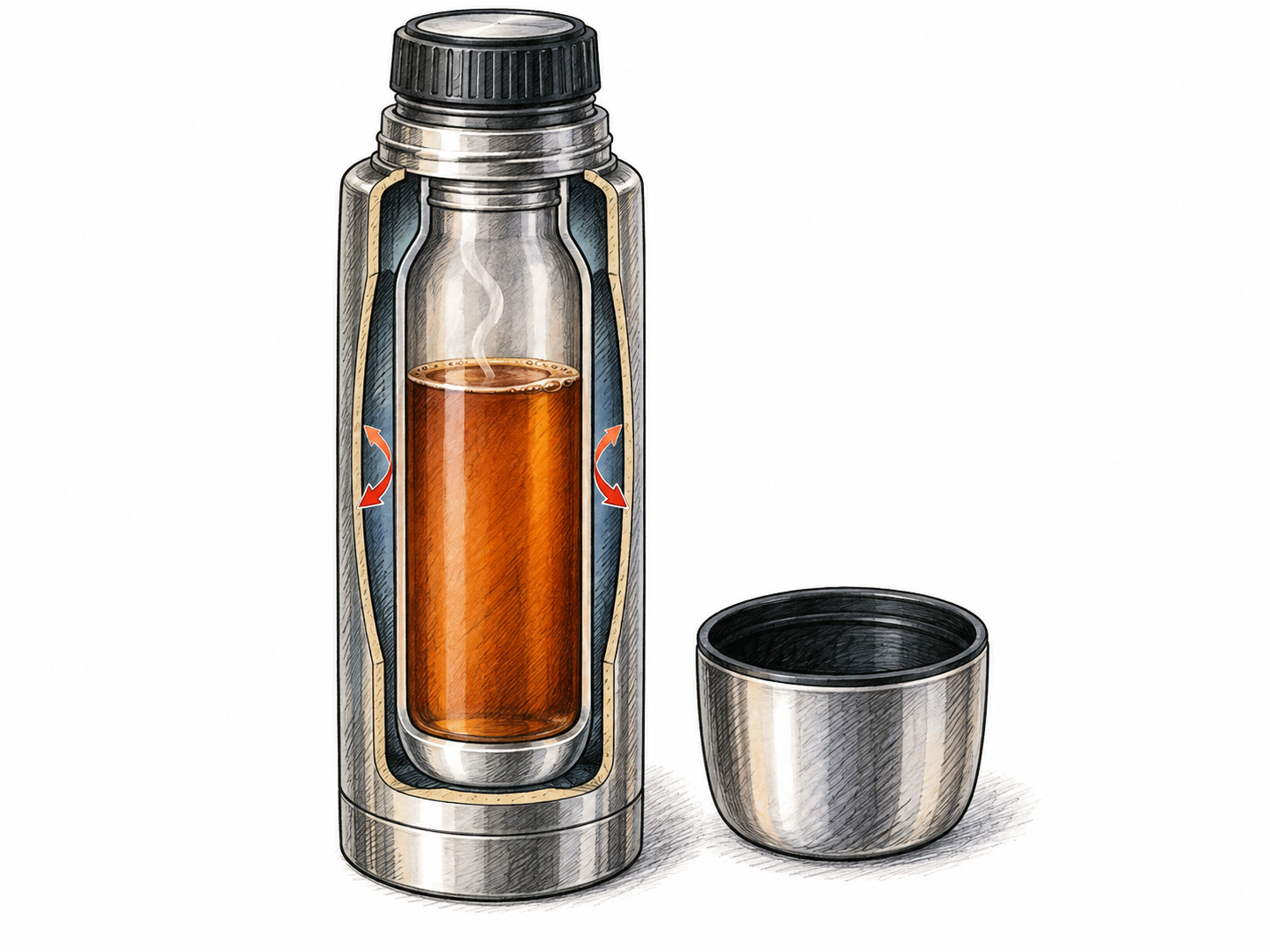 A vacuum-insulated drinks flask is shown in clean cutaway with inner vessel, outer wall and airless gap; warm liquid retained, no impossible heat-proof claim or brand text.