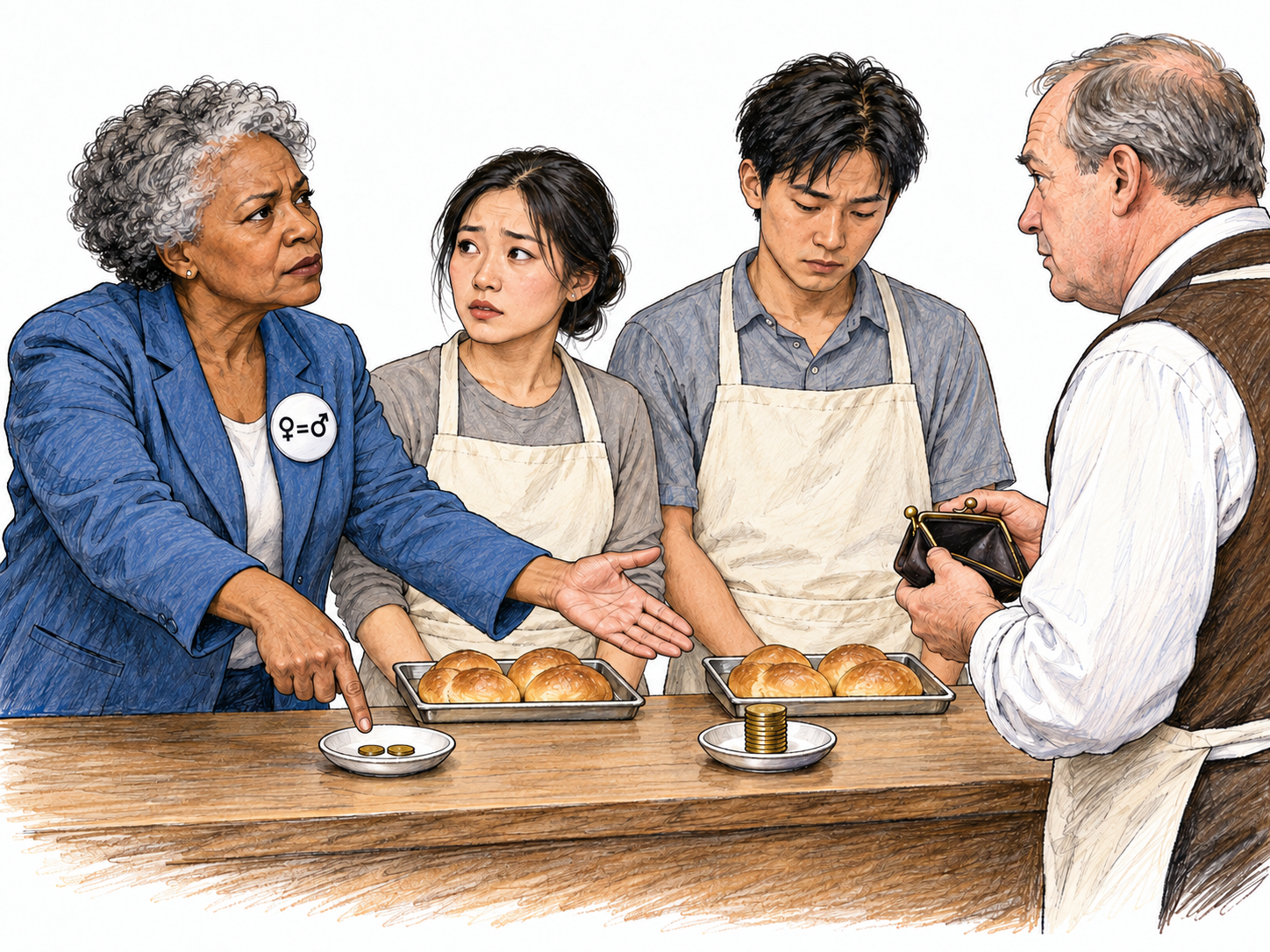 A women's-equality advocate visibly challenges unequal pay for a woman and a man doing the same work, demanding matching compensation rather than giving charity.