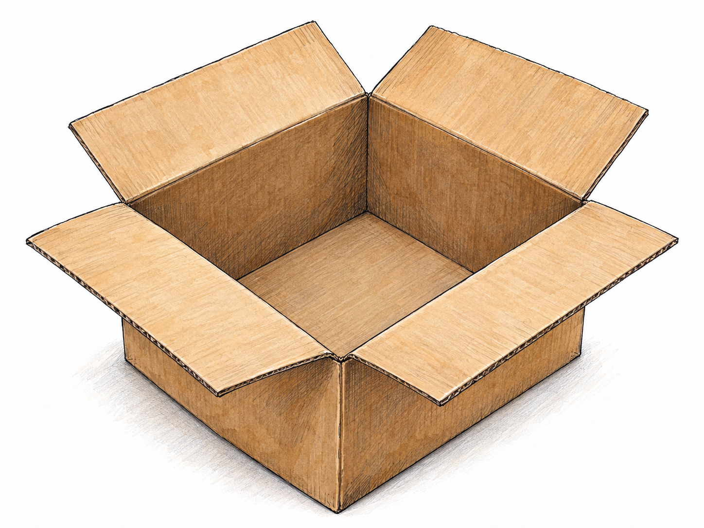 A single open cardboard box viewed from above at an angle, with its entire bare interior clearly visible and nothing inside.