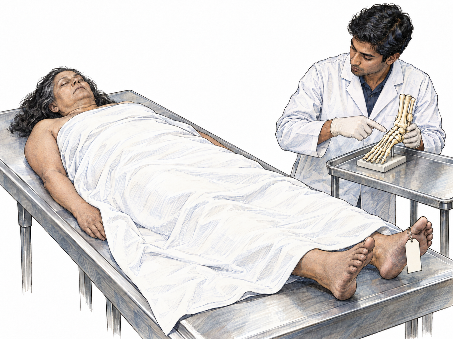 A respectfully covered cadaver on an anatomy-laboratory table, with an exposed still face and a blank toe tag, is examined by a gloved anatomy student using an anatomical model for comparison.