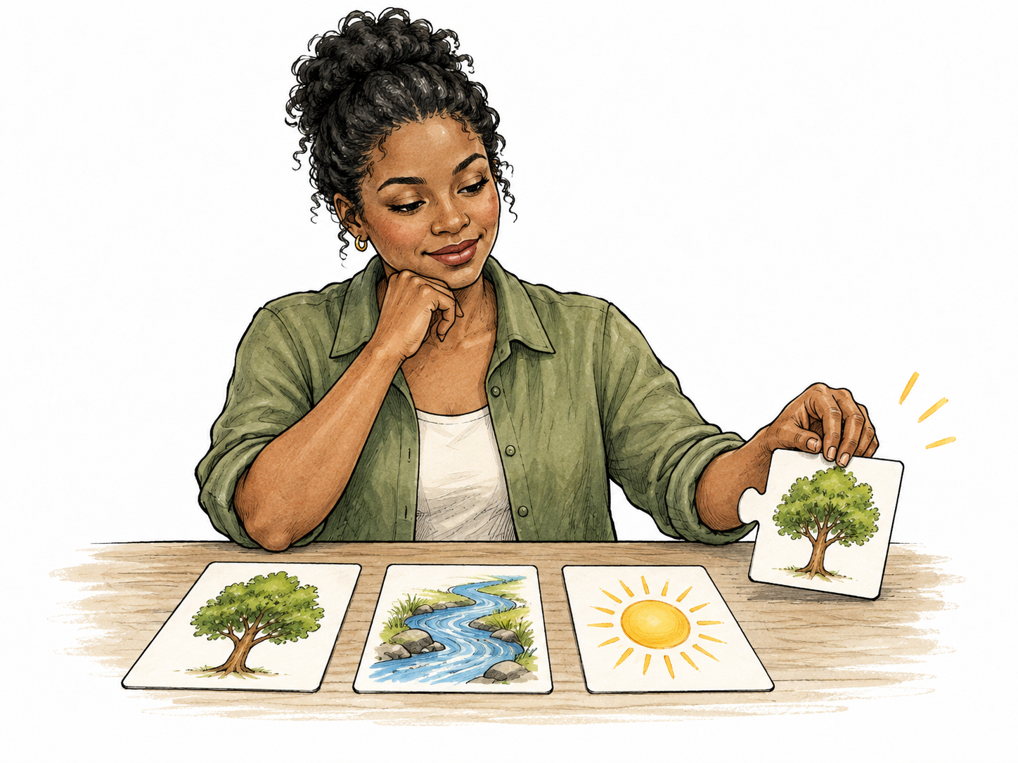Adult reaches a considered judgment after examining three clear picture evidence cards and confidently selects the matching solution piece, no writing.