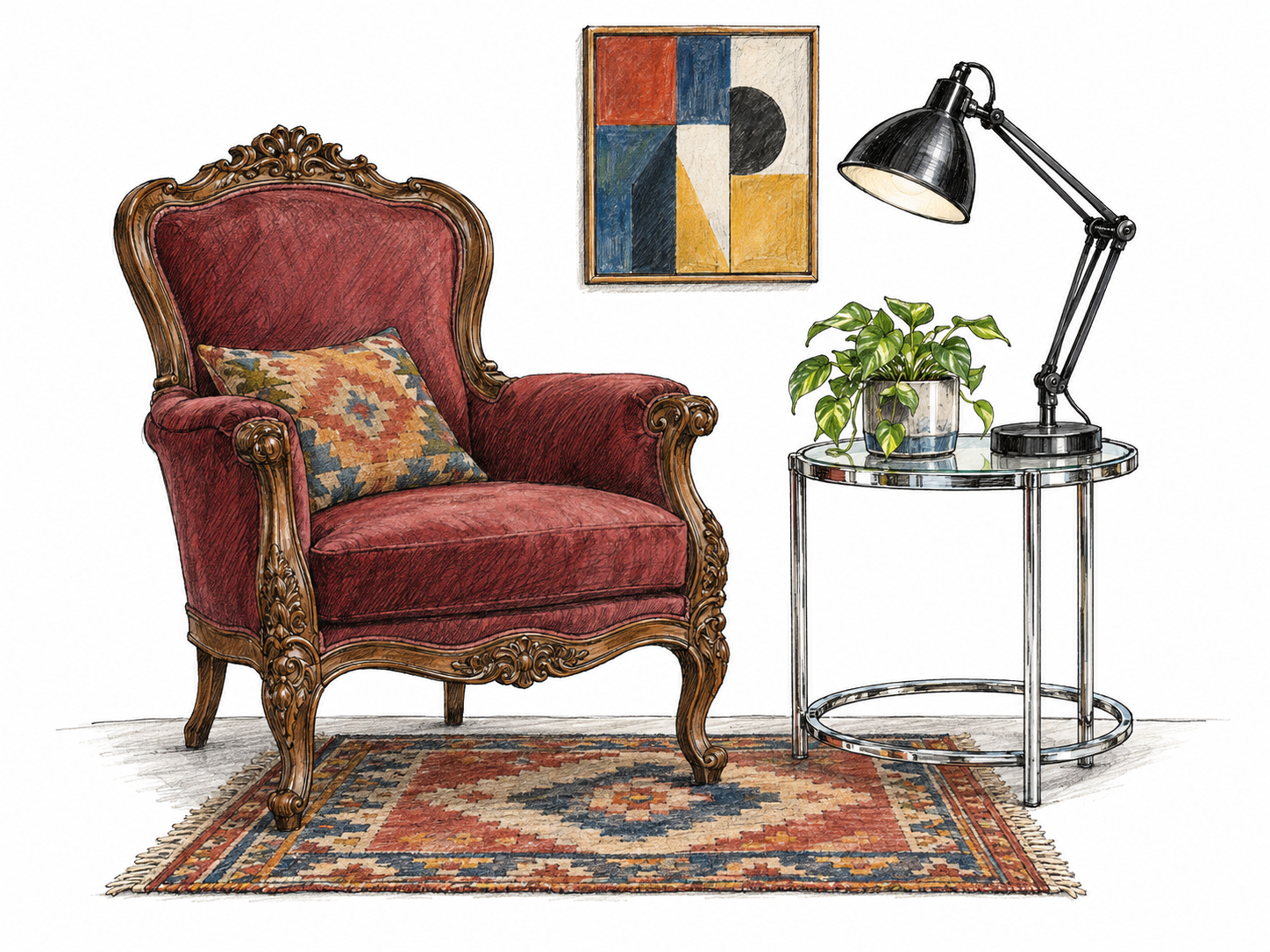A deliberately coordinated seating nook combines conspicuously different furniture and decorative styles: an ornate antique armchair, a sleek modern chrome-and-glass side table, a geometric woven rug, an industrial task lamp, and a colorful abstract painting.