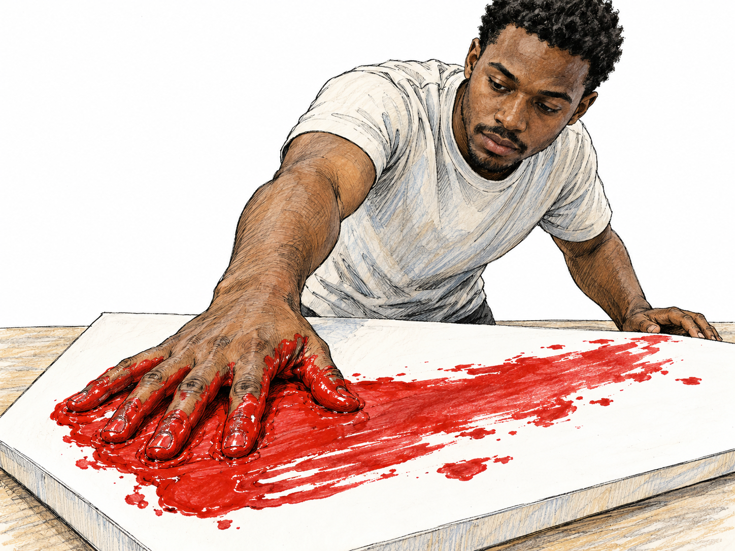 A young man drags his paint-covered palm across a clean white board, spreading a blob of red paint into a broad, uneven streak with visible finger trails and messy edges.