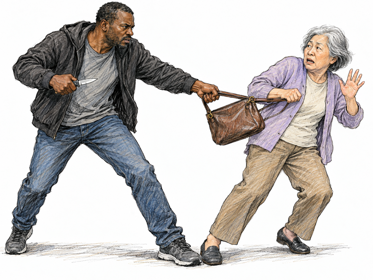 A robber threatens an older woman with a knife while wrenching her handbag away; her recoiling posture and his coercive action make the criminal wickedness visible.