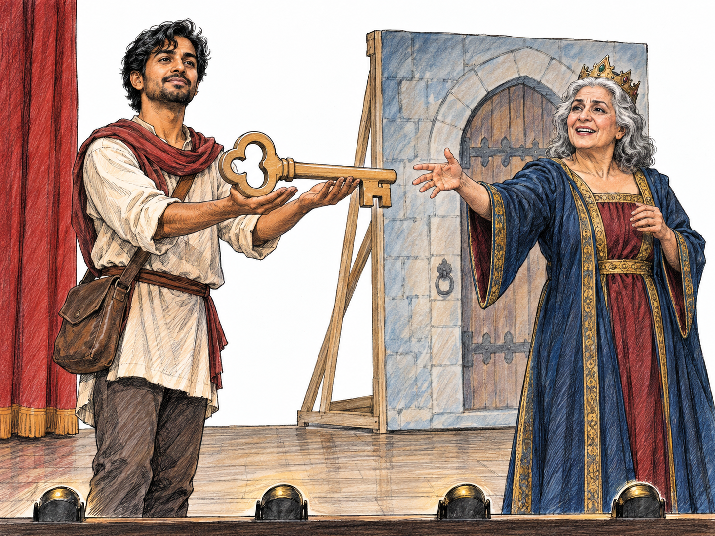 A stage actor prominently holds an oversized wooden key during a theatrical performance, with a second actor reacting in character.