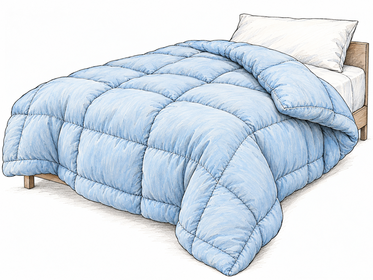 A thick, lofted comforter spread across a simple bed, with one corner folded back to show its padded thickness and stitched compartments.