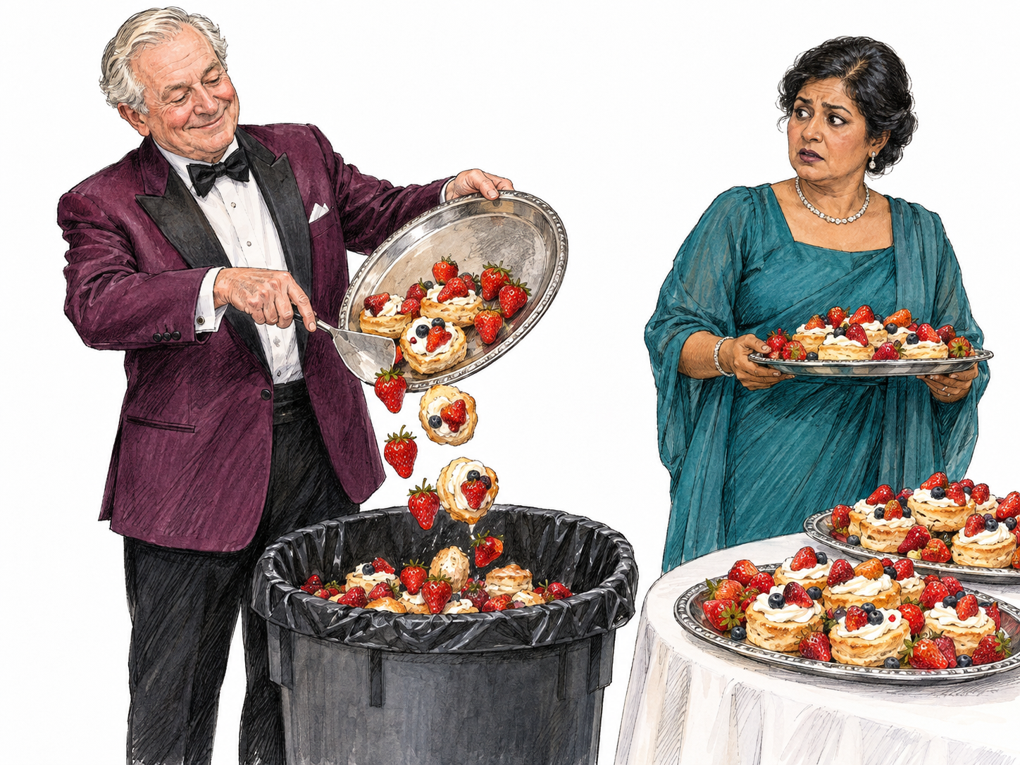 An extravagantly dressed man carelessly sweeps untouched expensive food into a rubbish bin while an excessive spread of identical fresh servings remains beside him.