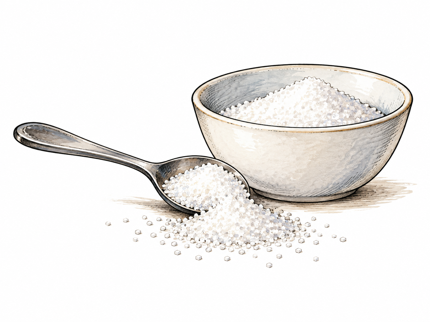 A small mound of white granulated sugar spills from a plain spoon beside a simple bowl, crystals visible through sparse ink marks on white ground, no labels.