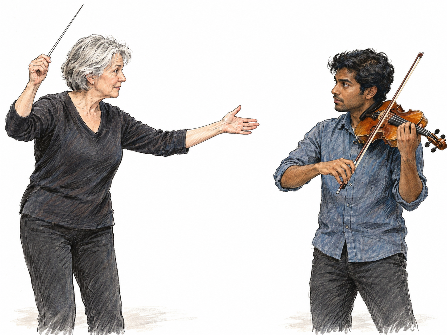 A conductor gives an unmistakable entrance cue to a waiting violinist, who responds by bringing his bow onto the strings.