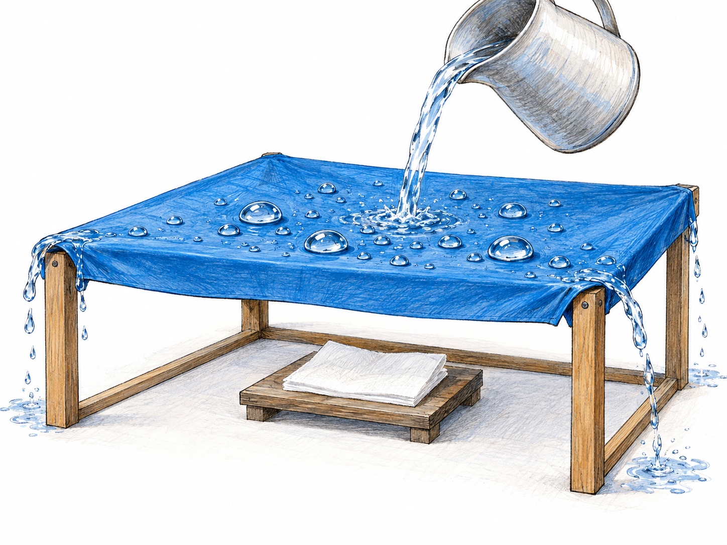 A waterproof sheet stretched over a shallow frame blocks a stream of water: water beads and runs off its upper surface while a white tissue directly beneath remains completely dry.