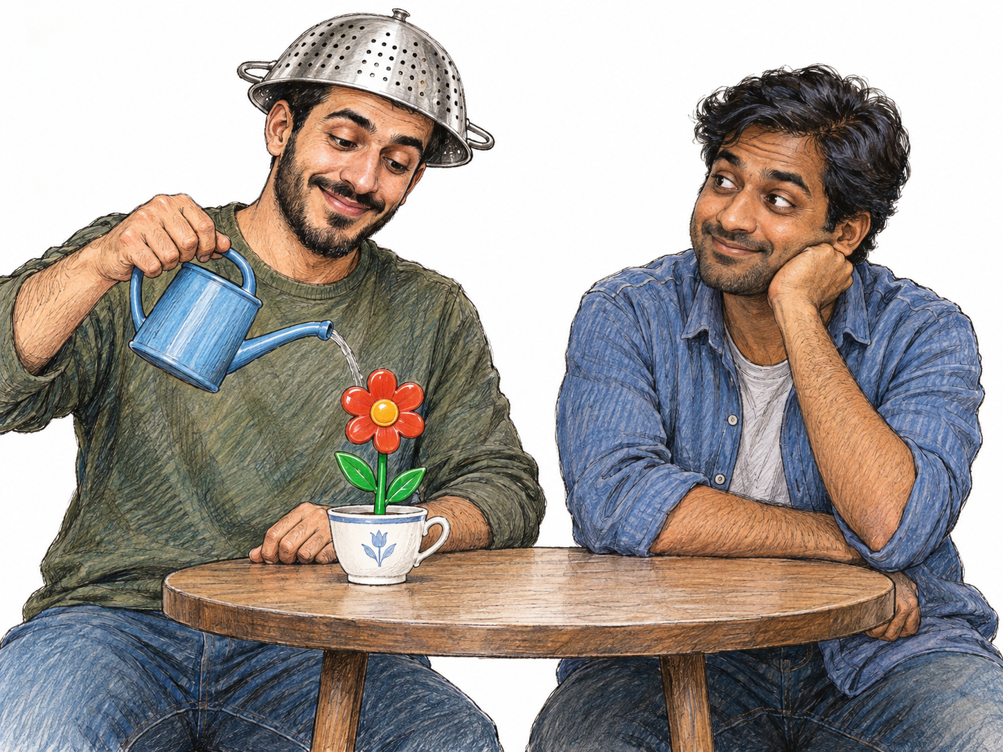 A cheerfully eccentric young man wears a kitchen colander as a hat while solemnly watering a single plastic flower in a teacup.