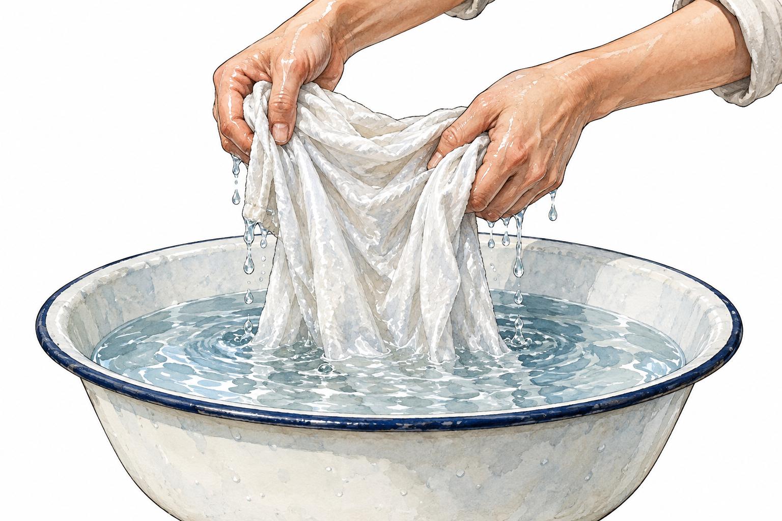 Hands submerge cotton cloth completely into basin of water, soaked thoroughly and dripping as lifted.