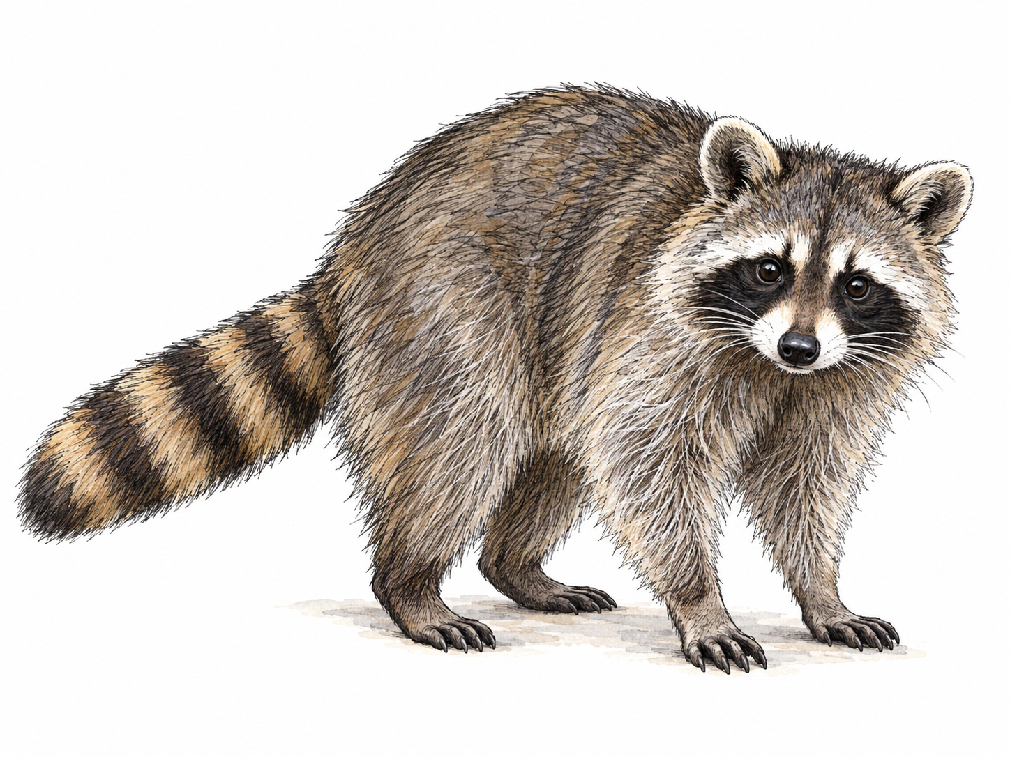 A single gray raccoon in three-quarter view, with its black facial mask and fully visible ringed tail clearly identifying the animal.