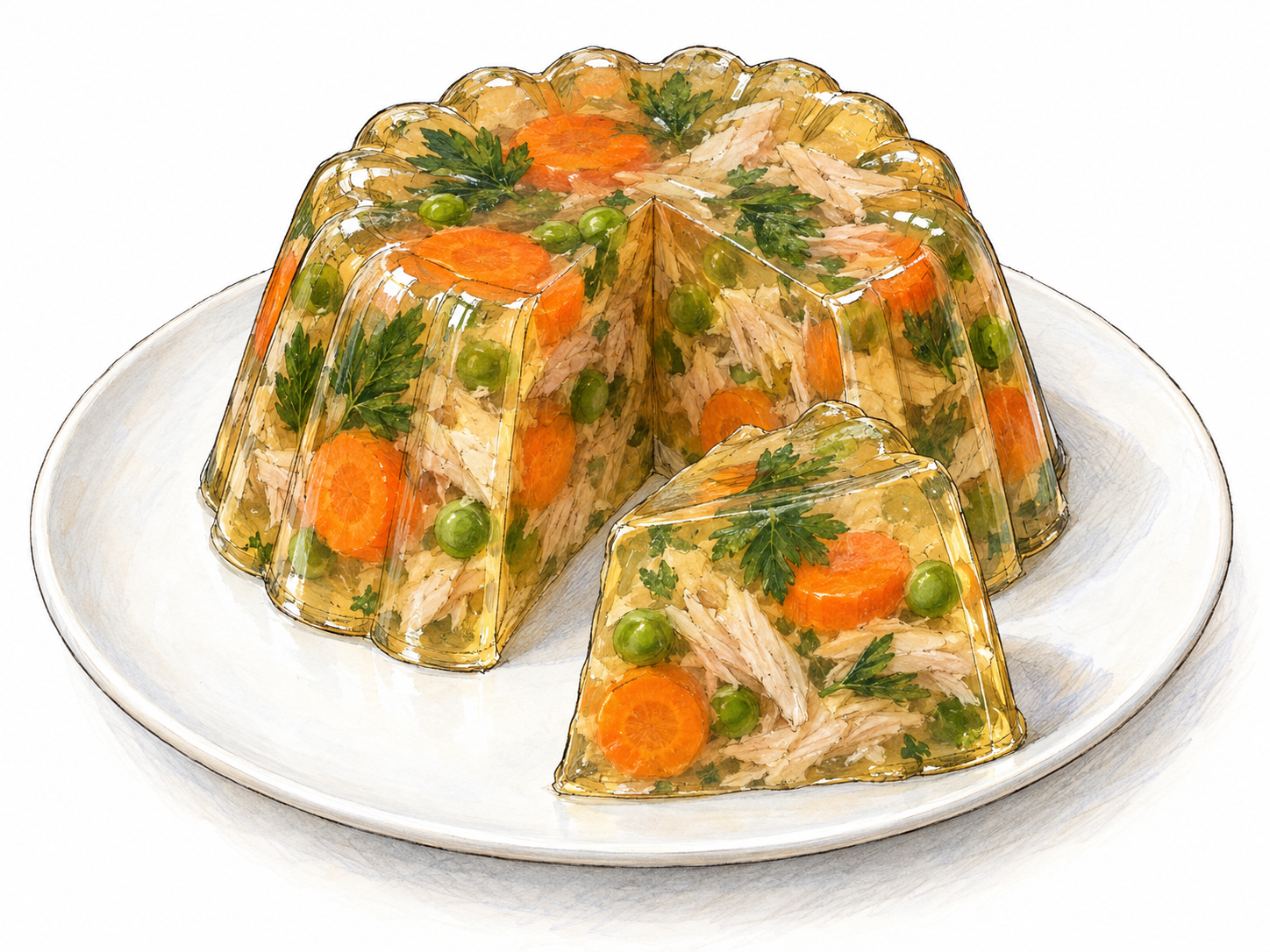 A sliced, molded savory jelly on a plain plate, with chicken, carrot, peas and parsley visibly suspended inside the translucent amber gelatin.