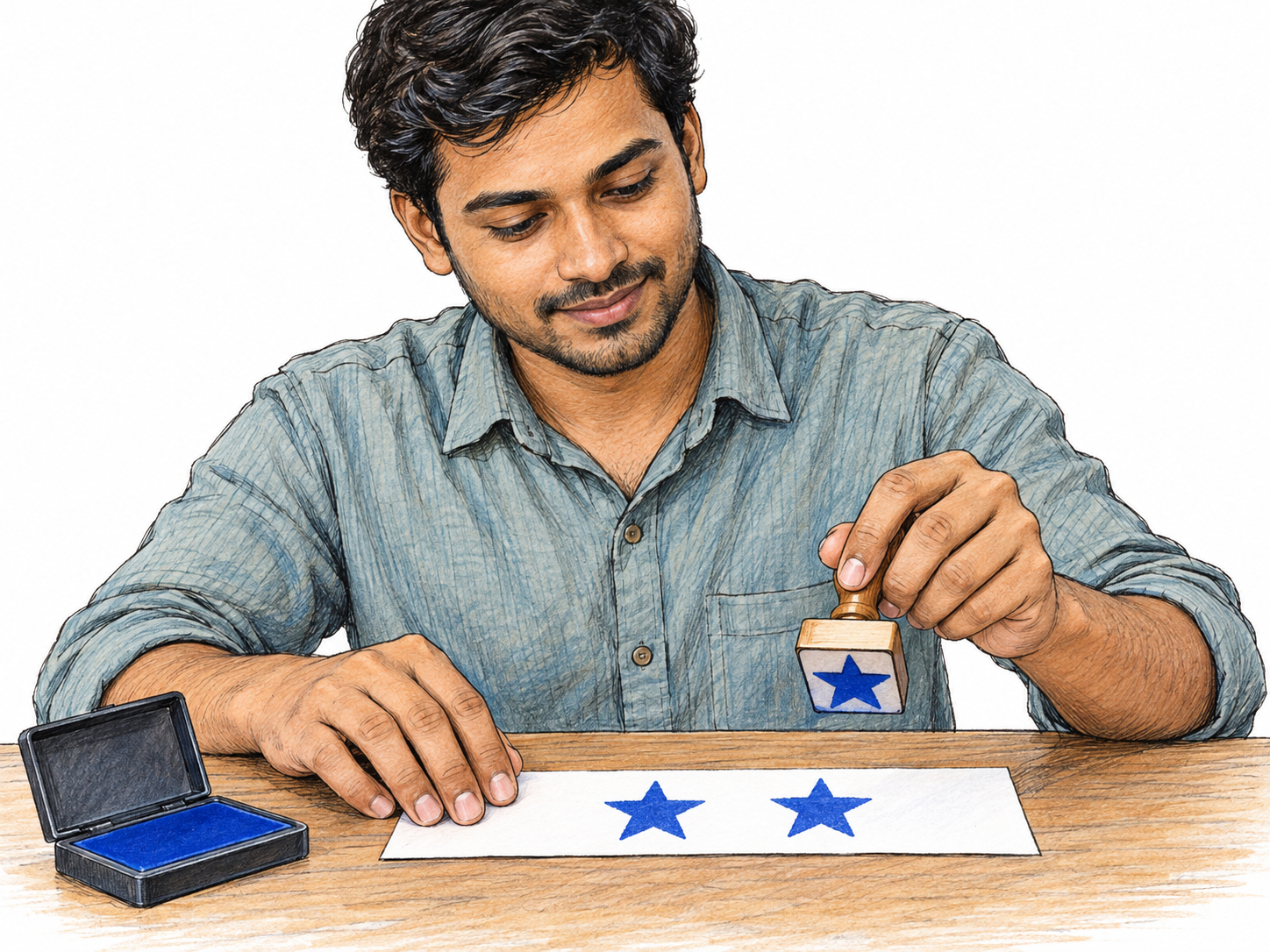 A man stamps a blank strip of paper twice: exactly two matching star impressions are visible, and he is lifting the star-shaped stamp directly from the second impression.