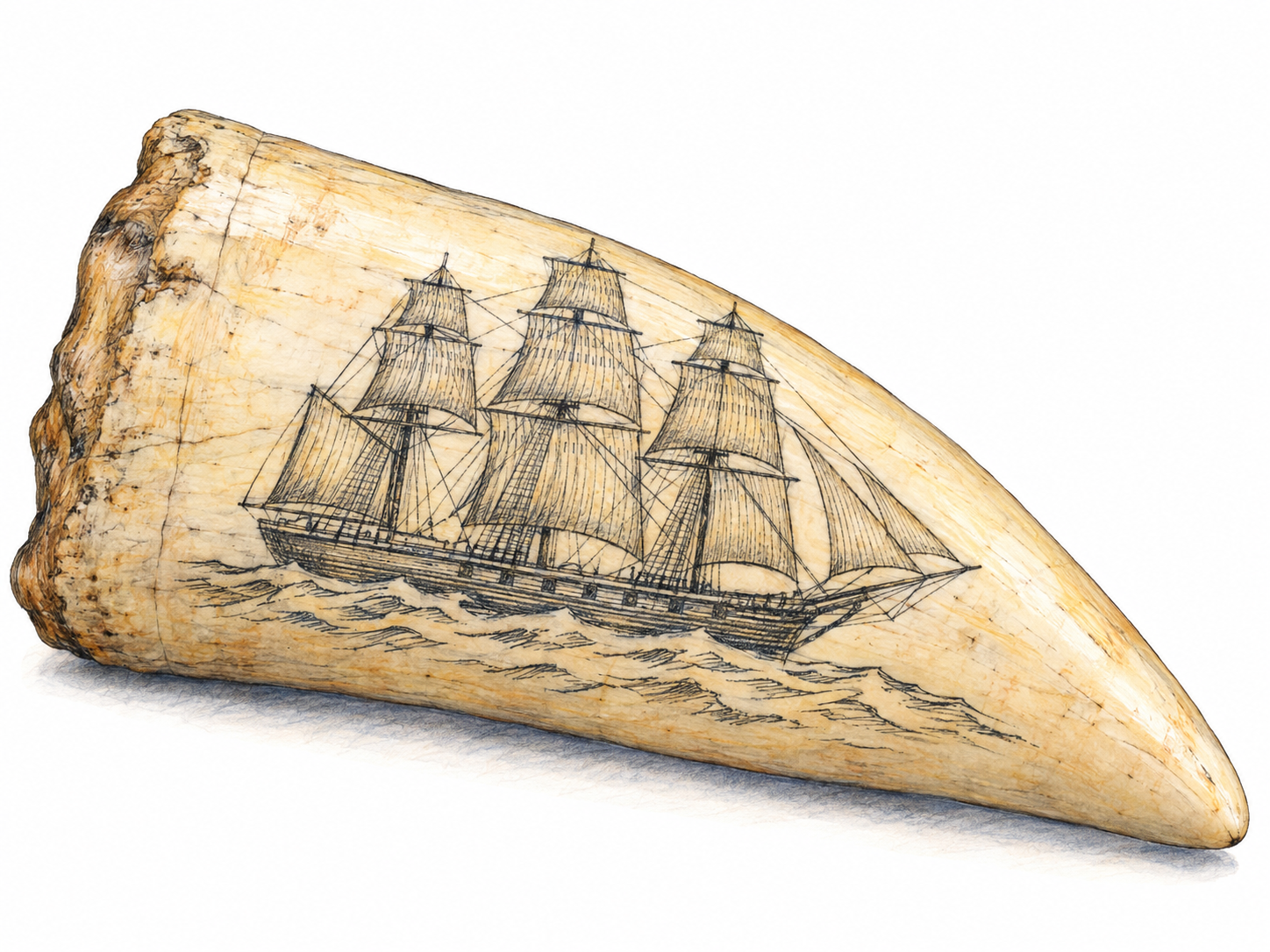 A close-up of an antique whale tooth bearing a dark, finely incised sailing-ship scene, with its curved ivory-colored form and engraved grooves clearly visible.