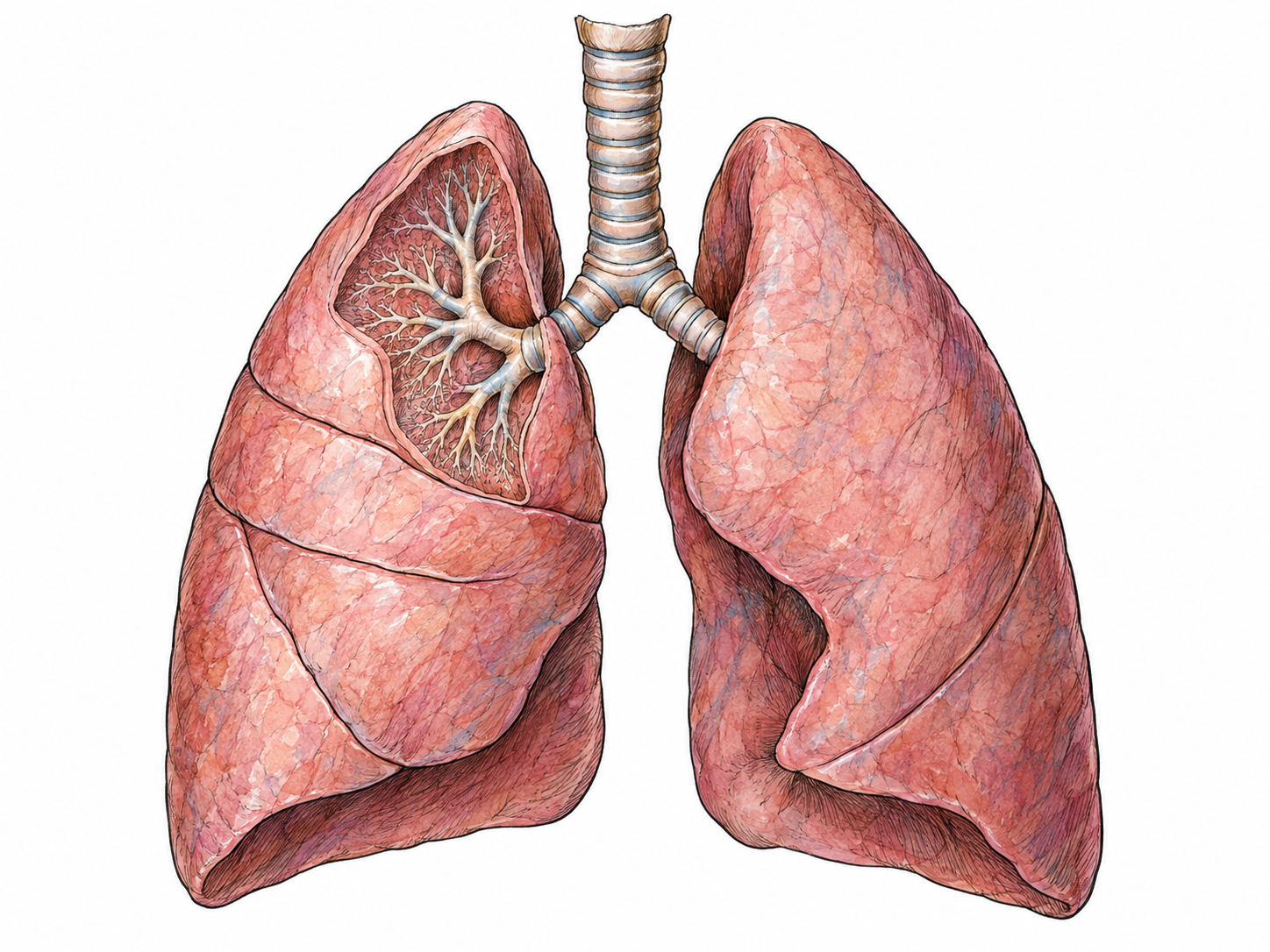 A clear anatomical specimen of the paired human lungs with their connected trachea and branching bronchi, emphasizing the recognizable breathing organs rather than a clinical procedure.