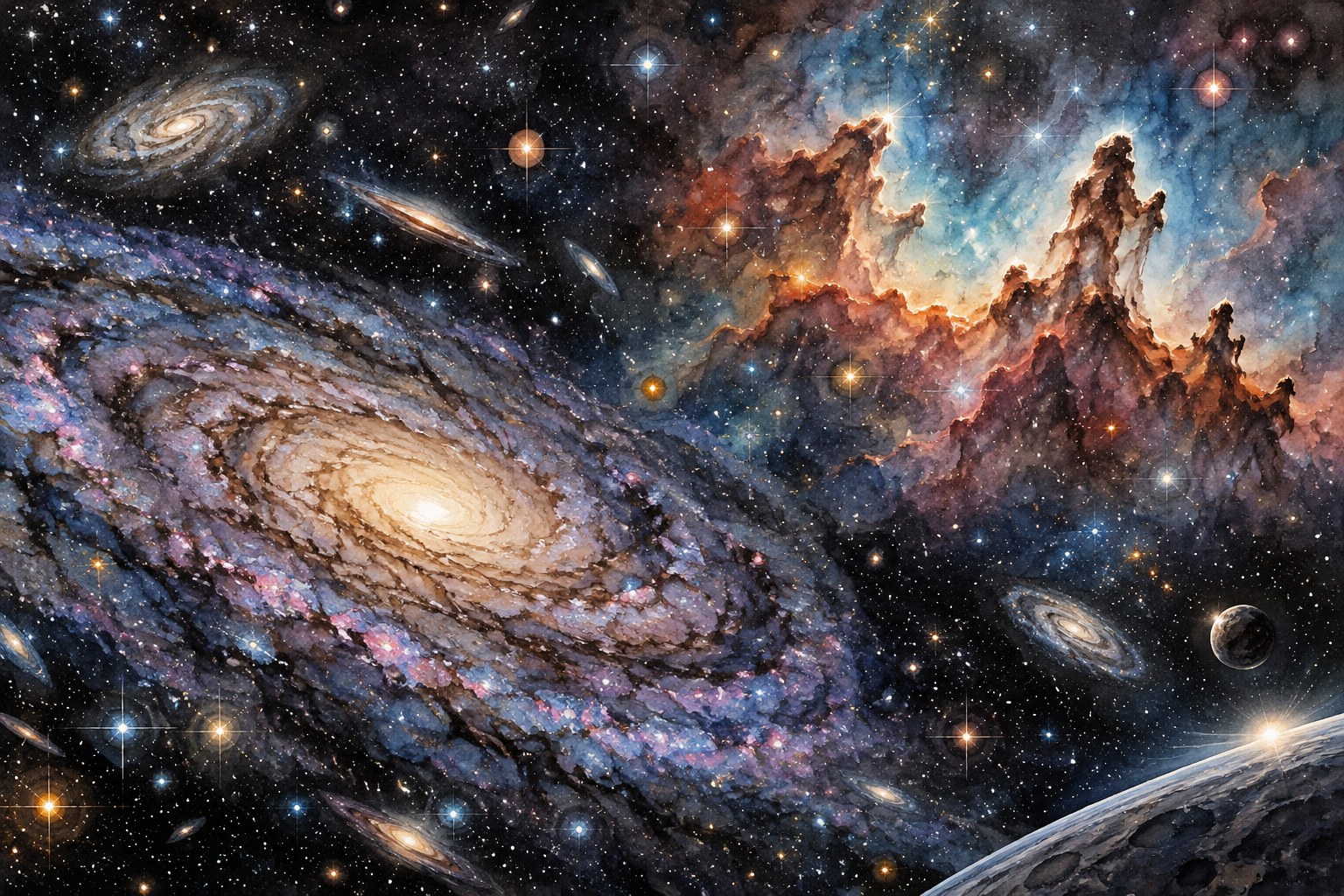 A sweeping scientifically inspired view of the cosmos with galaxies, nebulae and countless stars across deep space, coherent natural colors, no labels.