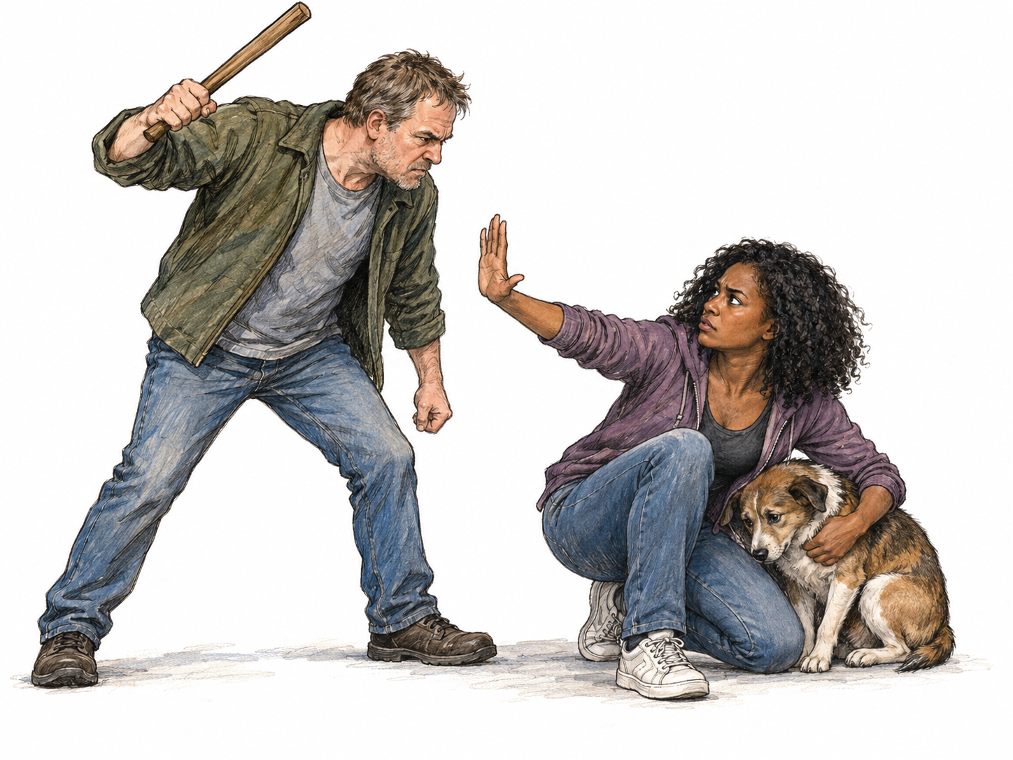 Deliberate cruelty: a man raises a wooden stick toward a cowering dog while a woman crouches protectively over the animal and holds up a defensive hand.