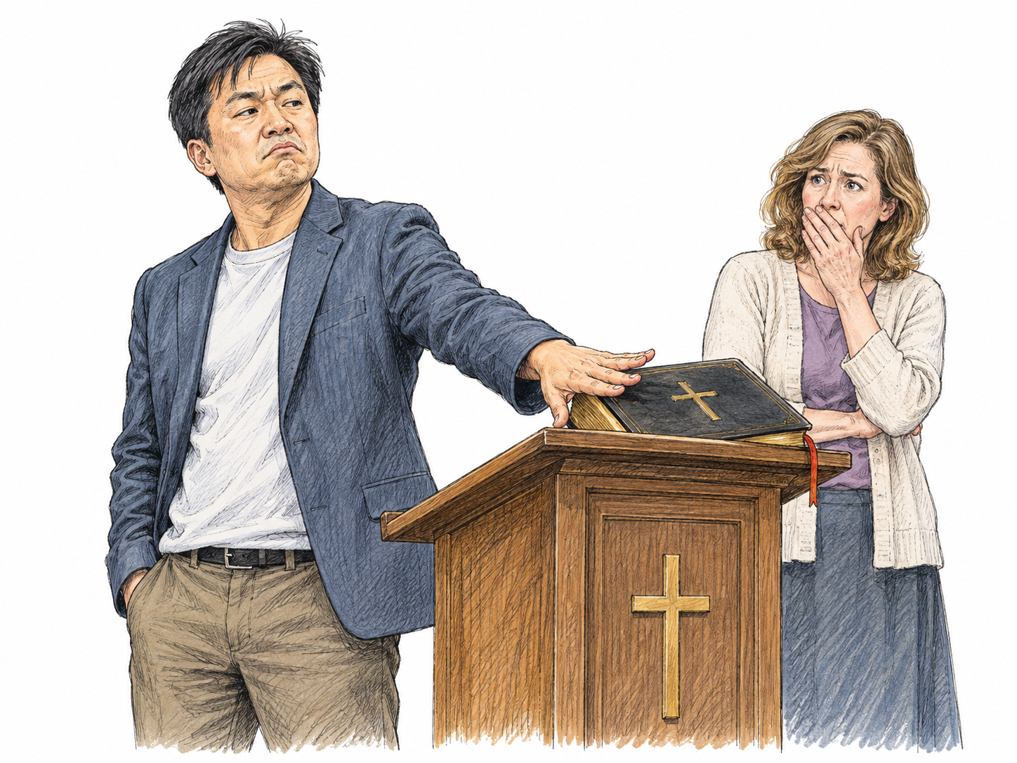 An adult deliberately treats a sacred book with dismissive disrespect at a small religious lectern while one observer looks dismayed; fictional behavior, no insulting text, destruction, hate symbol or caricature.