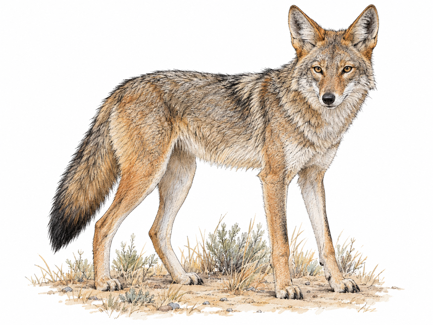 A lone adult coyote standing alert in sparse North American scrub, with its slender build, narrow muzzle, large pointed ears, grizzled coat and low-held bushy tail clearly visible.