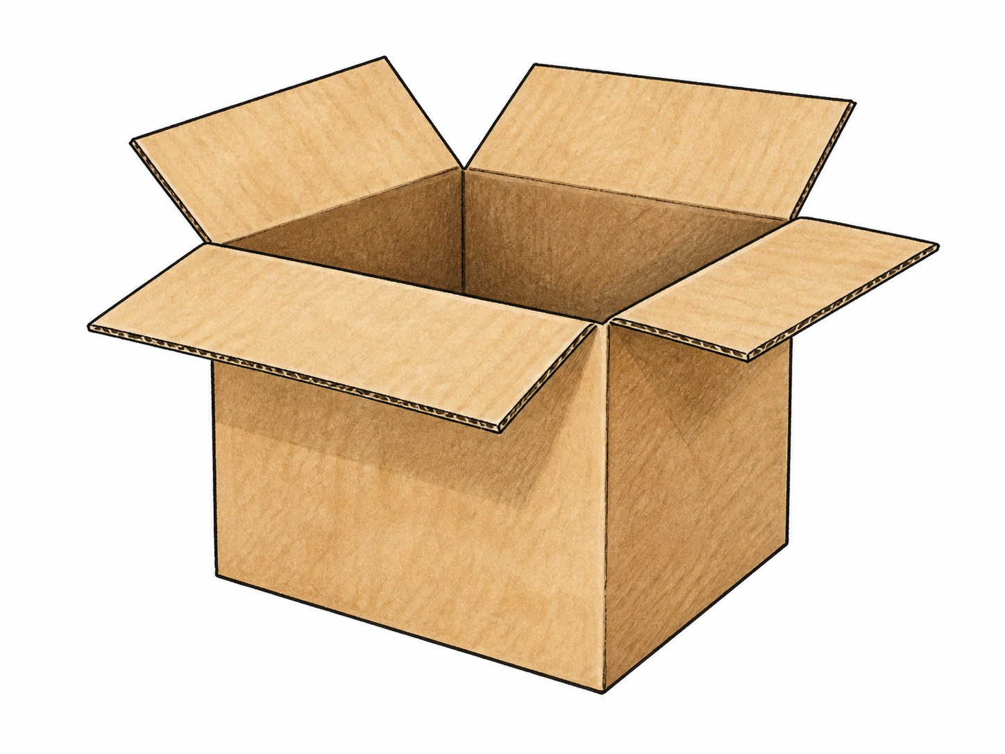 One plain folded cardboard carton with open top flaps, obvious lightweight packaging container, no logo.
