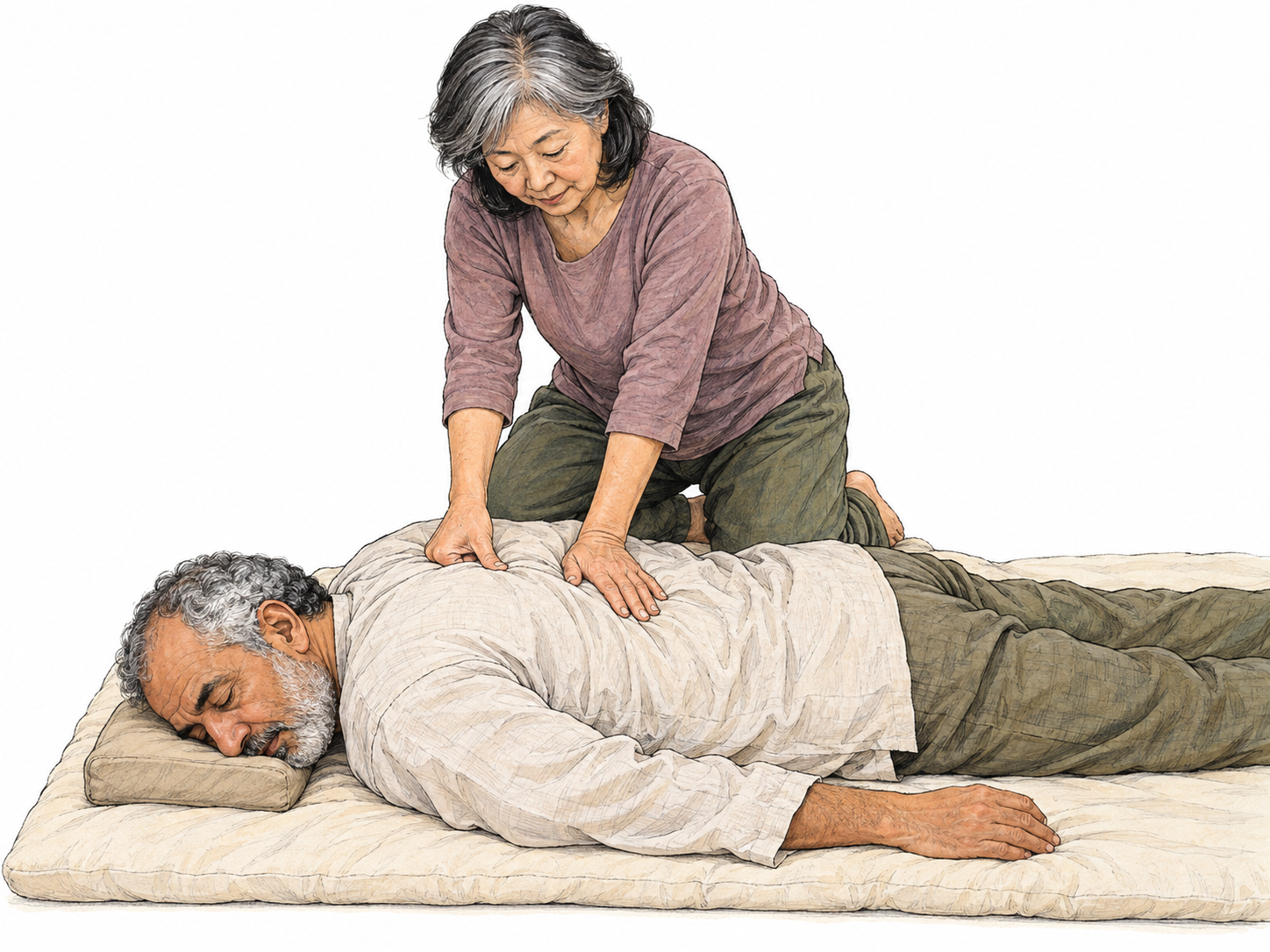 An older shiatsu practitioner kneels beside a fully clothed older client lying face down on a floor futon, applying deliberate stationary thumb and palm pressure to his upper back.