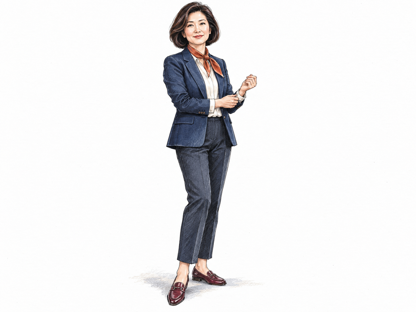 A neatly groomed middle-aged woman in a crisp, coordinated modern outfit adjusts her jacket cuff, with polished shoes and an understated silk scarf making her spruce, stylish appearance immediately visible.